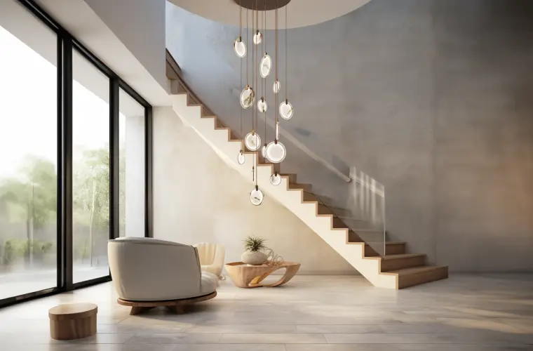 Sculptural pendant cluster in a stairwell