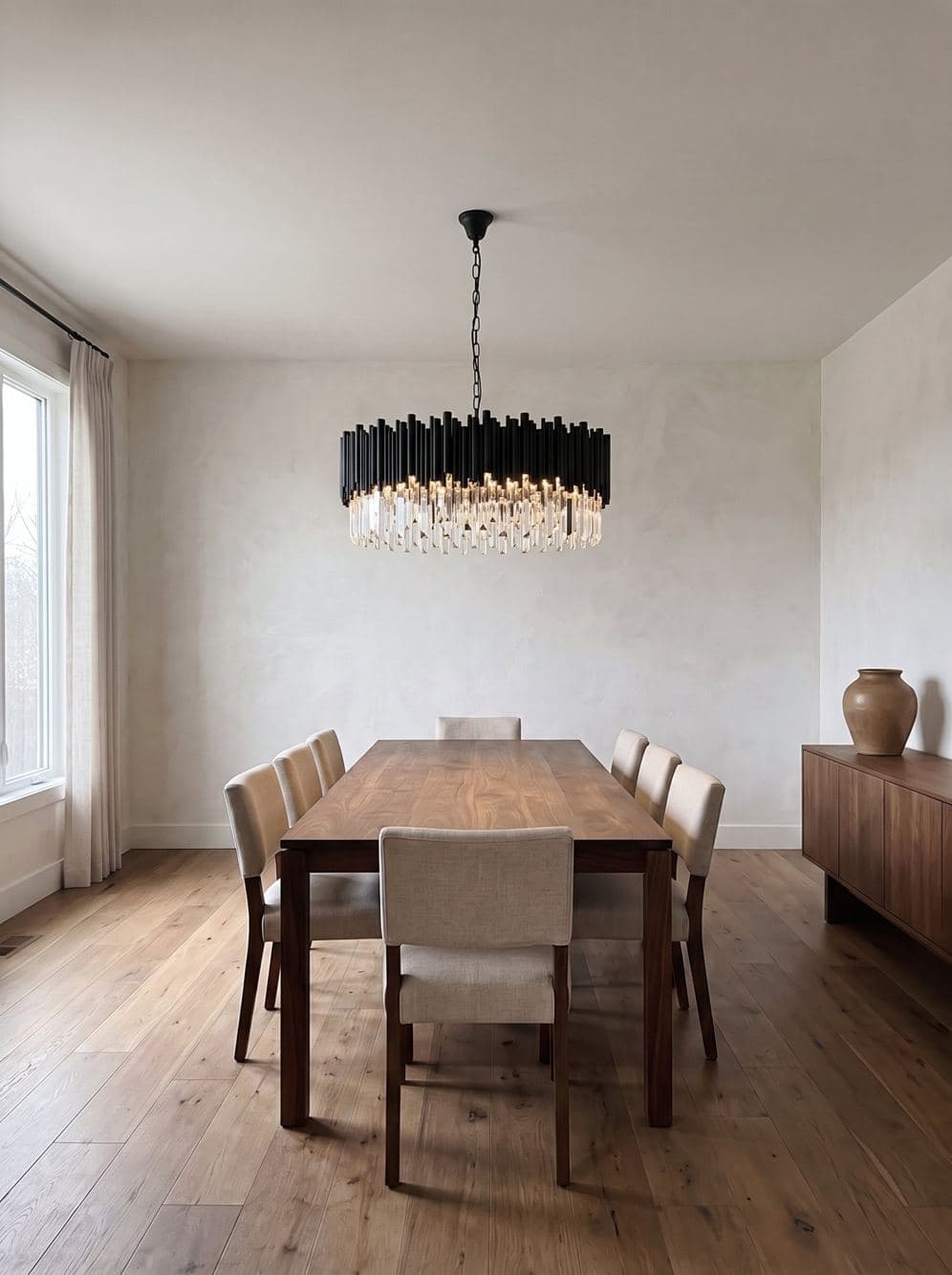 A dining room with the Obsidian chandelier placed over the table by the visualizer