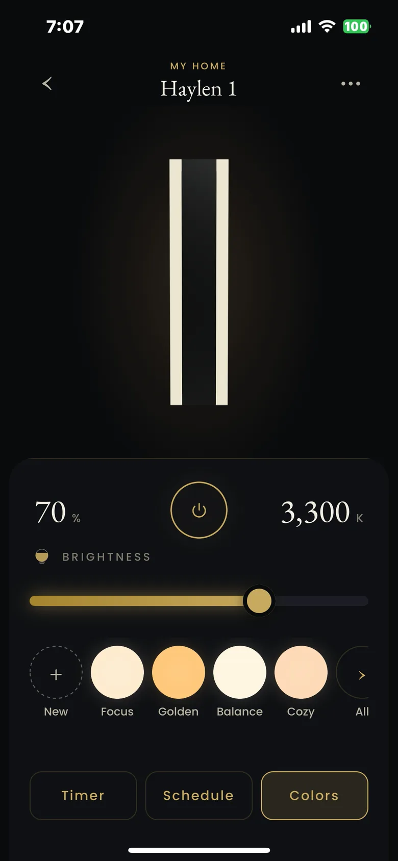 The MOD LIGHTING app brightness slider and saved looks