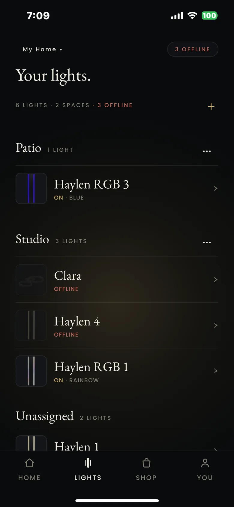 The MOD LIGHTING app Lights tab, every light by space