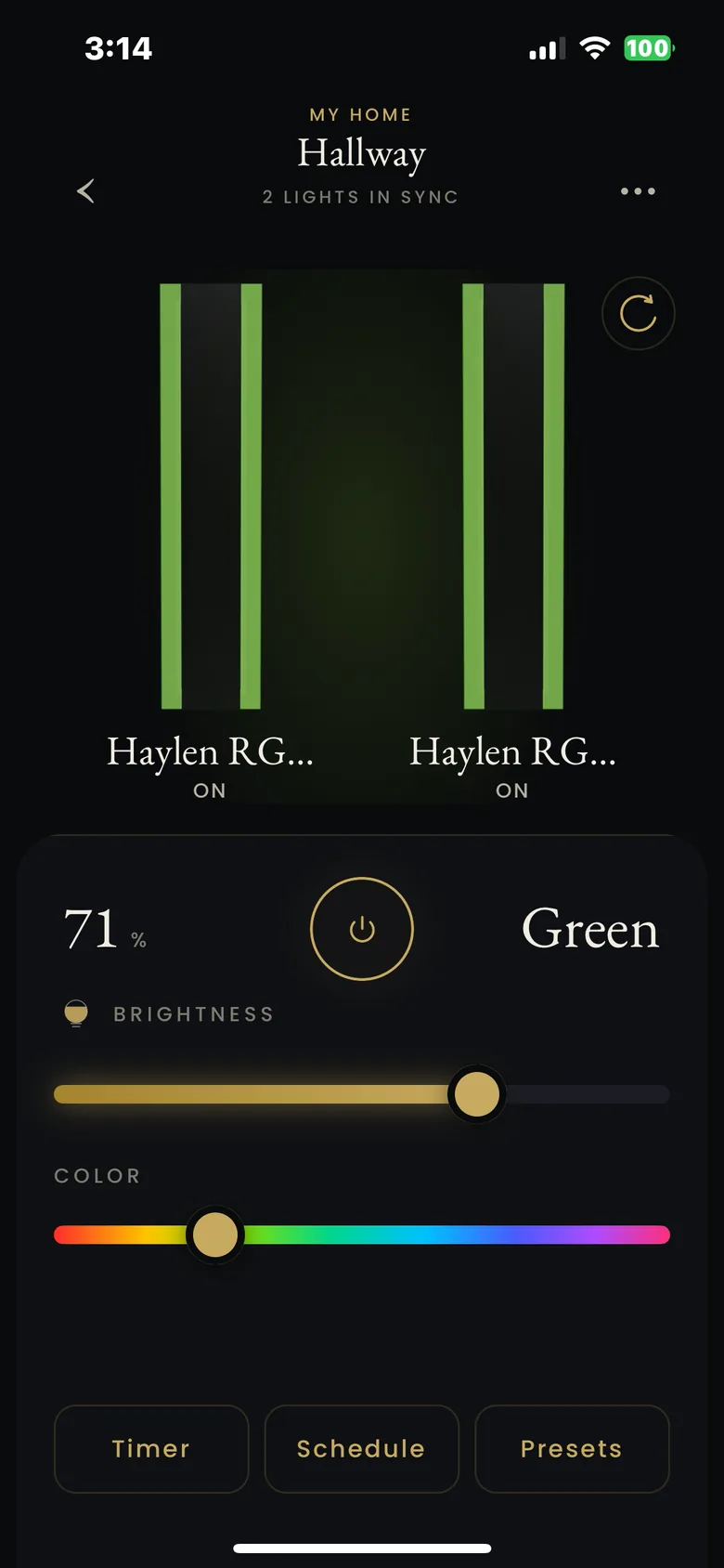 The MOD LIGHTING app controlling two lights in sync