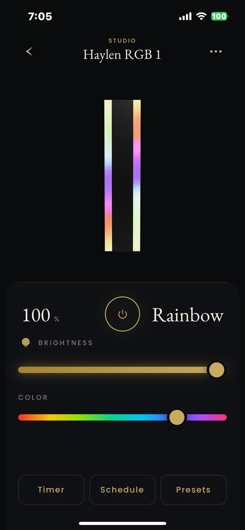 The MOD LIGHTING app controller running a Haylen RGB in color