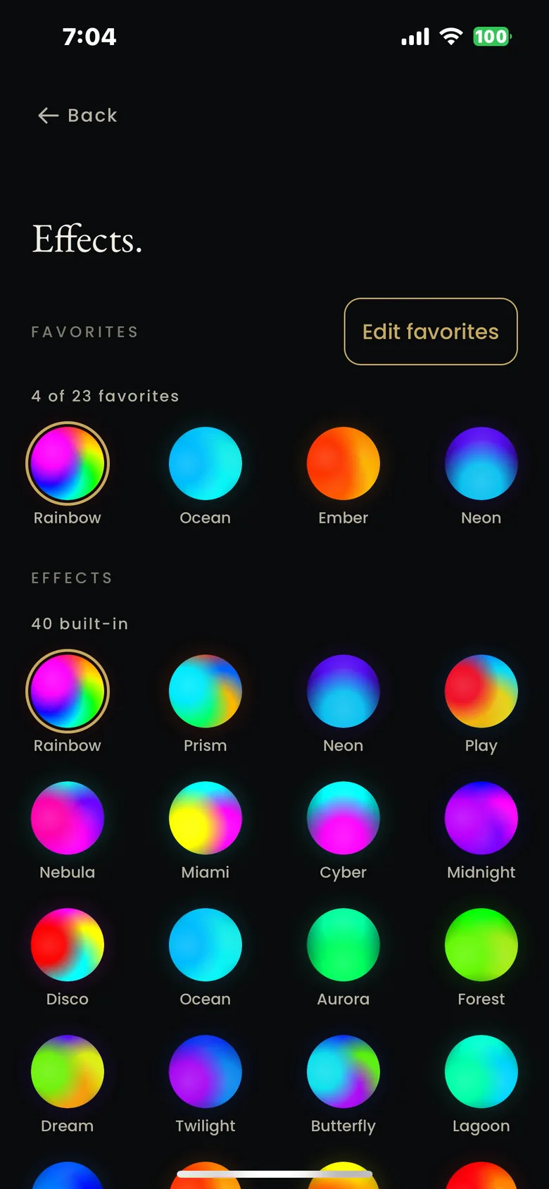 The MOD LIGHTING app effects page, forty built-in looks