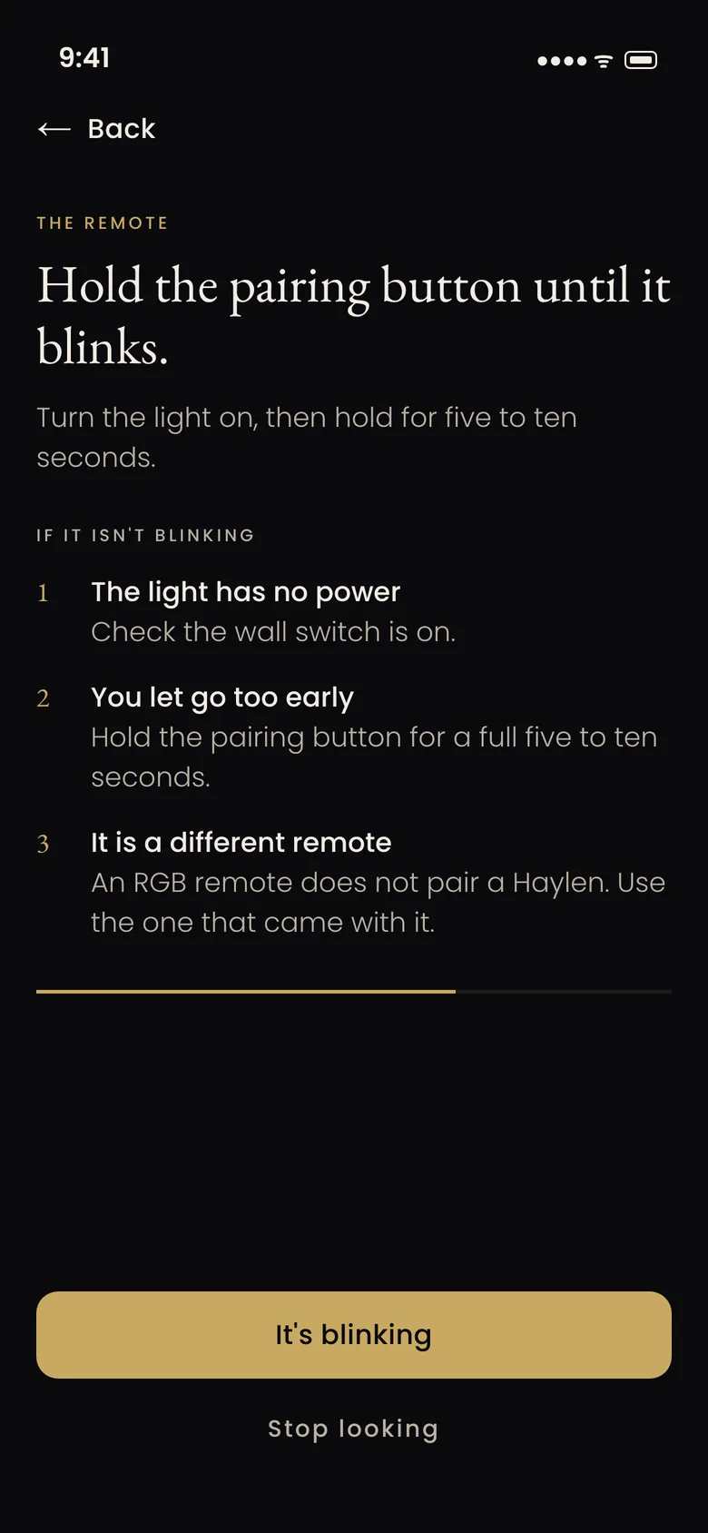 The MOD LIGHTING app pairing, step three: hold the pairing button until the light blinks