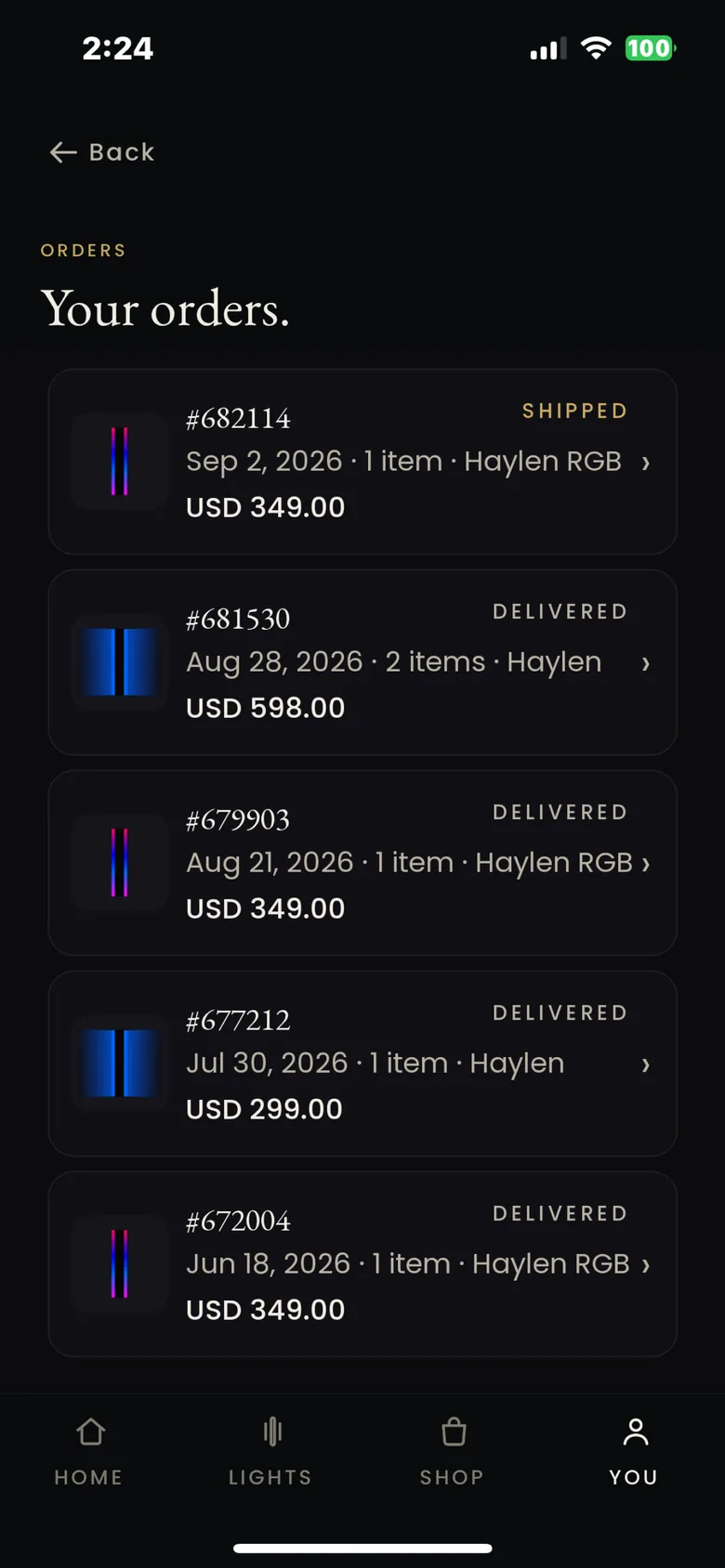 The MOD LIGHTING app orders screen