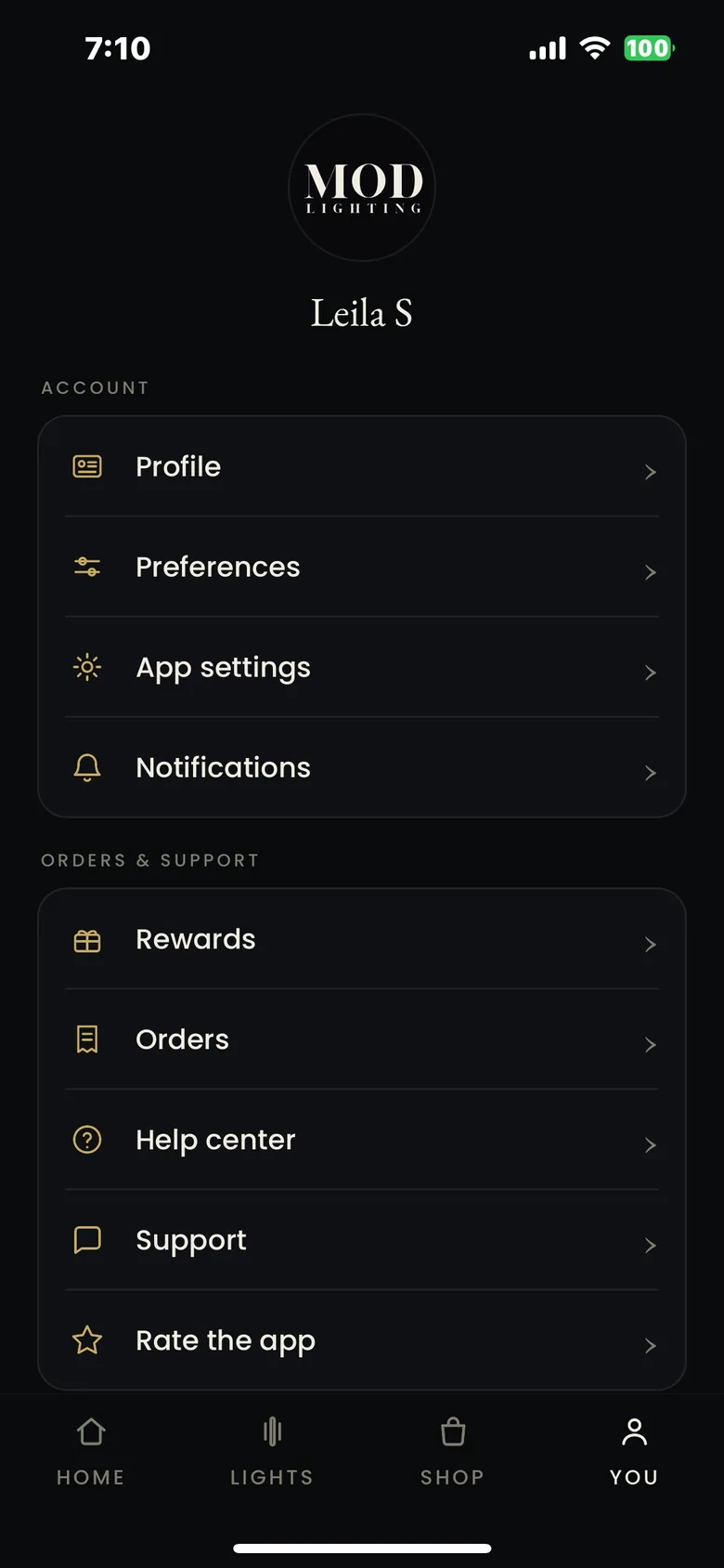 The MOD LIGHTING app account screen