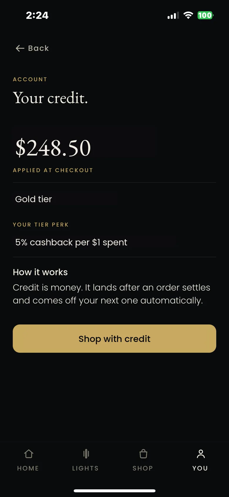 The MOD LIGHTING app rewards screen, your credit and tier