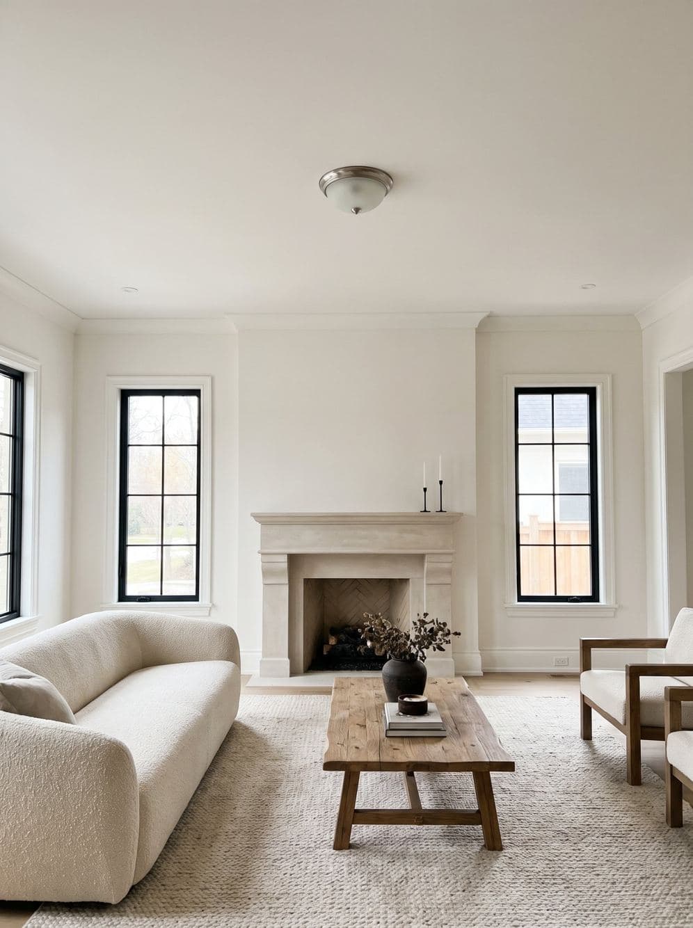 A living room before, with a builder-grade light on the ceiling
