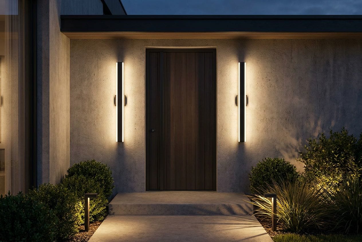 Four-layer lighting at a modern front entrance at dusk