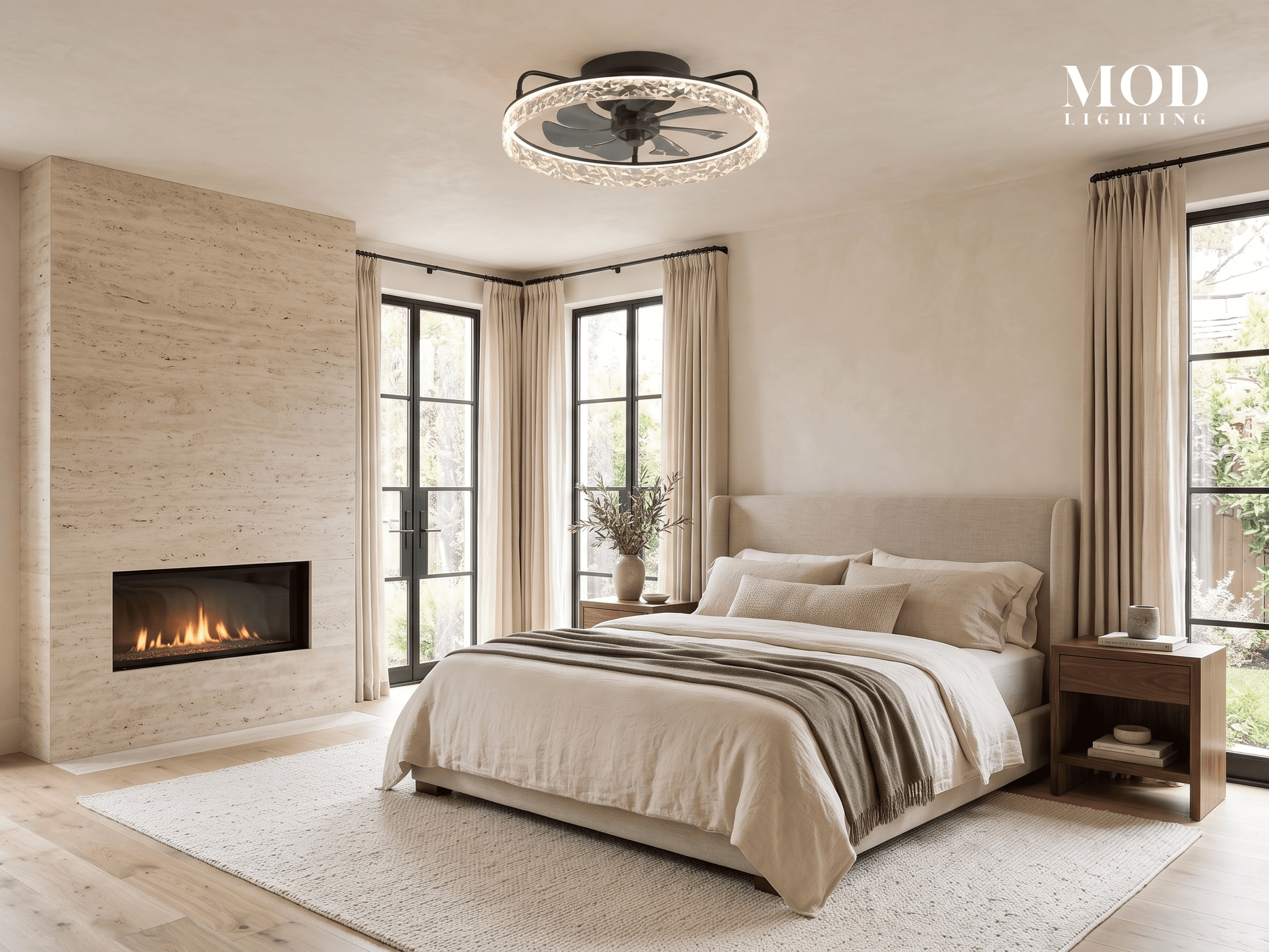 Ventara flush-mount ceiling fan, dark blades inside a lit crystal ring, in a bedroom