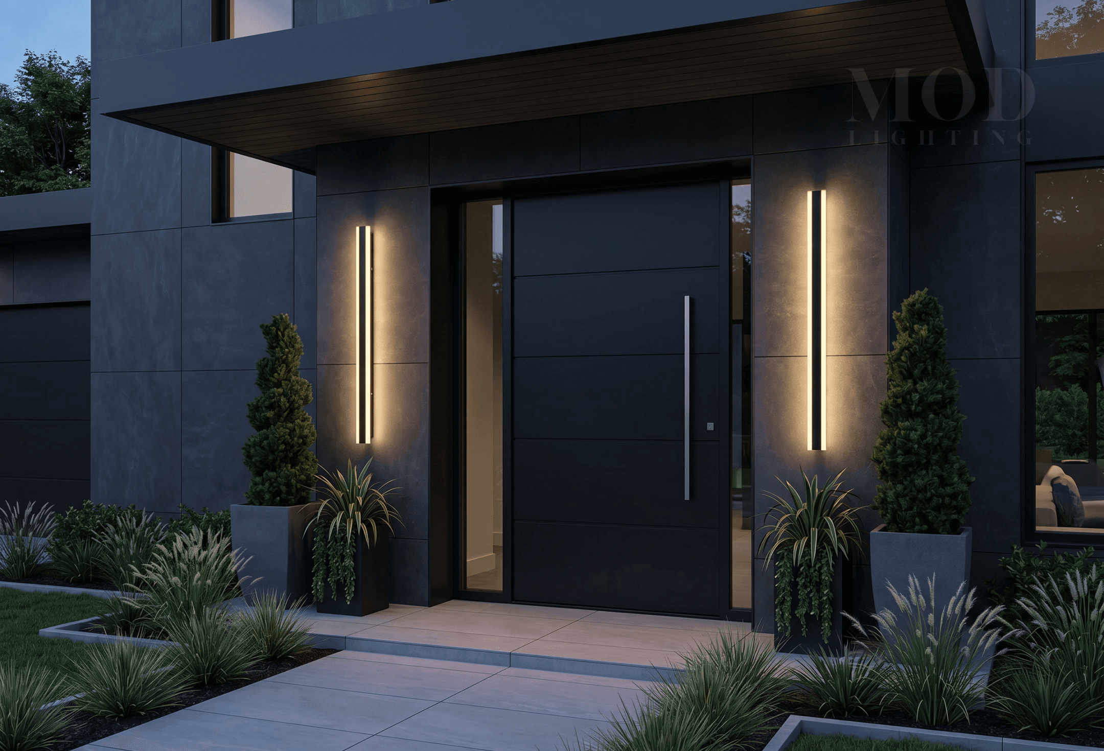 Modern home front entrance with geometric slim wall sconces