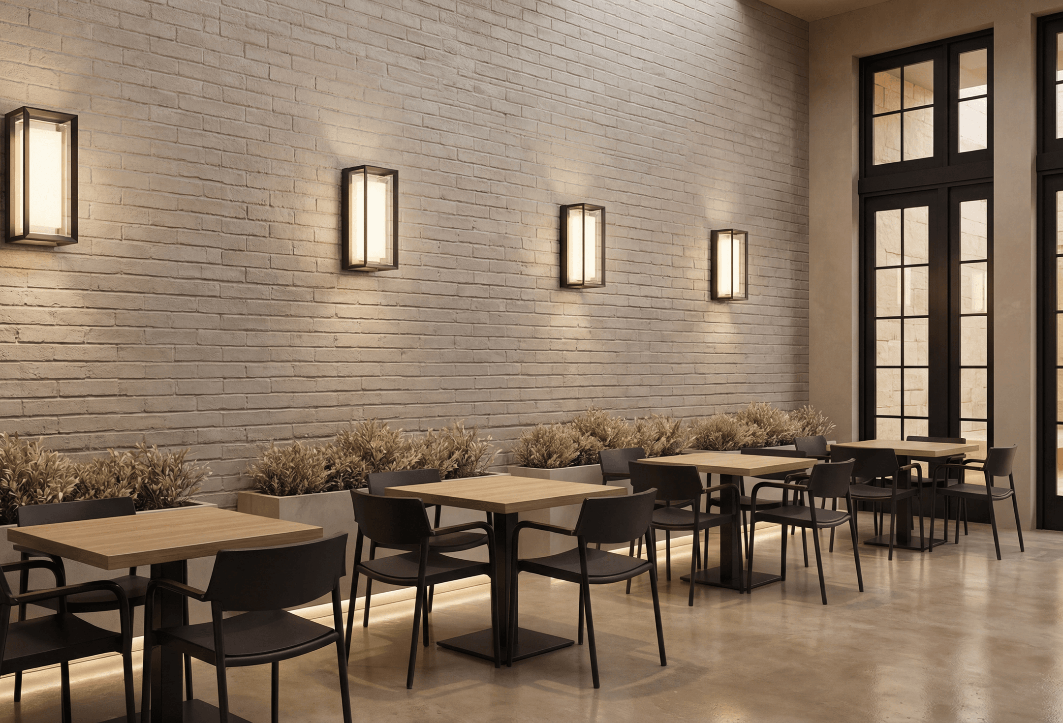Solen outdoor wall sconces glowing warm on a brick wall beside an outdoor dining area