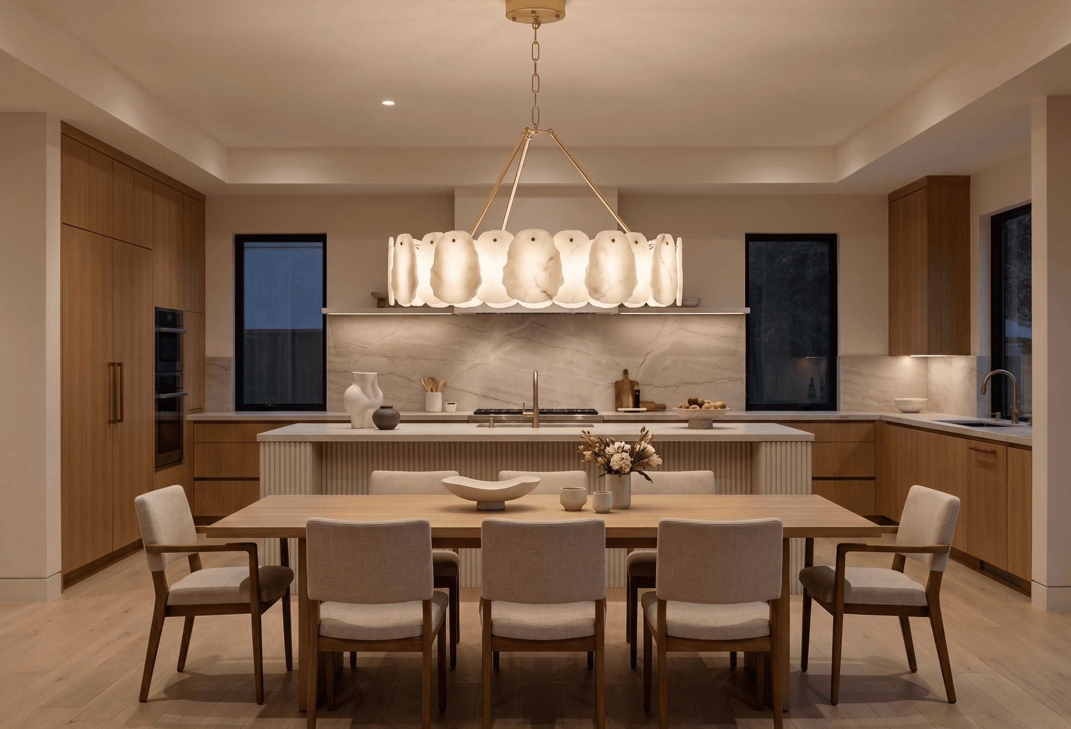 Alba alabaster linear chandelier hung over a kitchen island and dining table