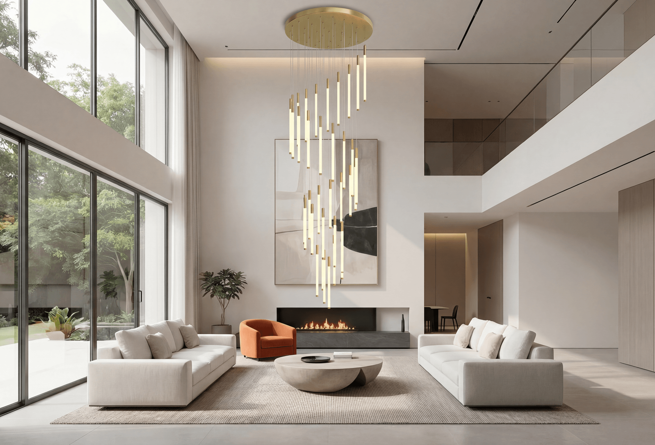 Kasper cascade chandelier hanging in a double-height living room