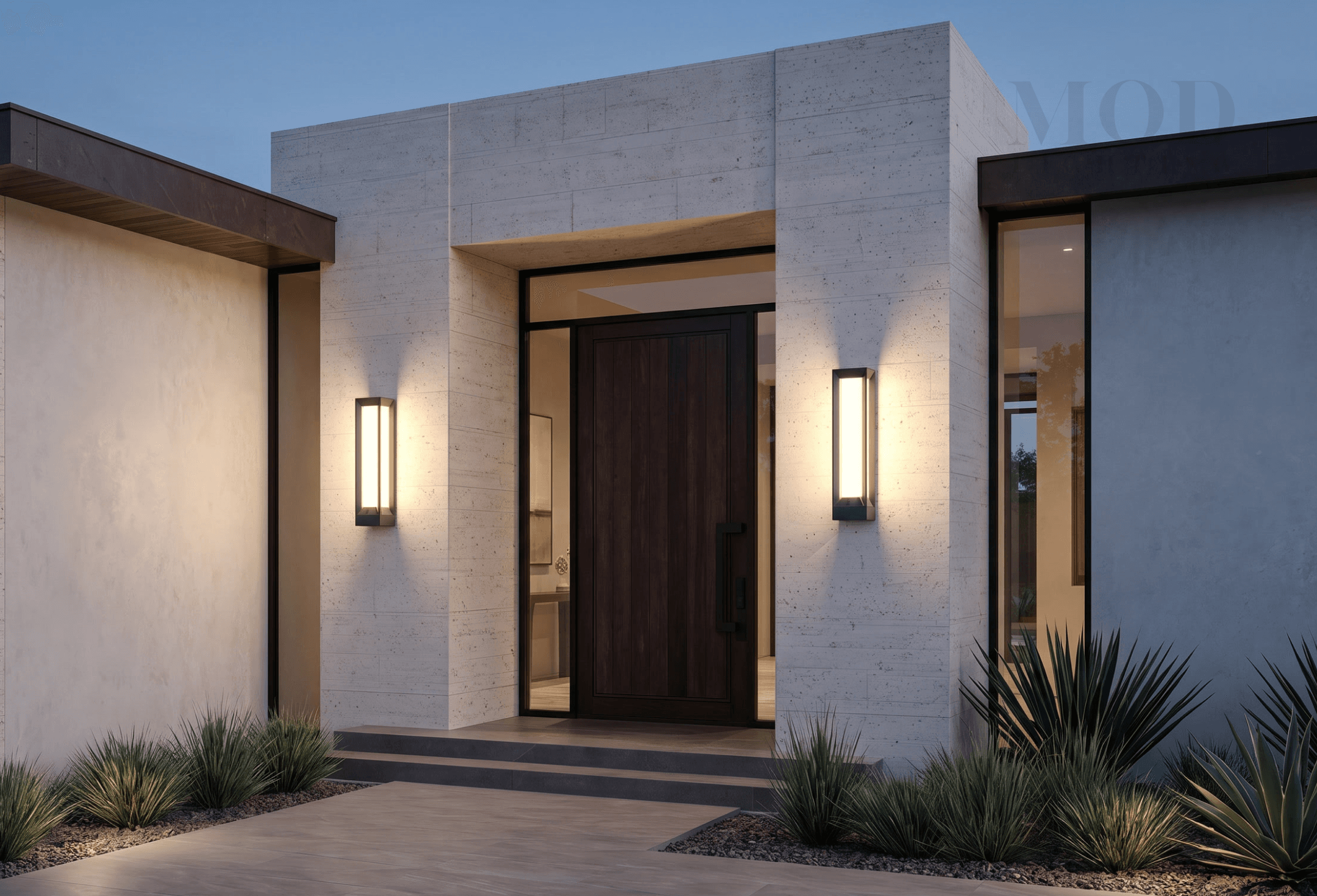 Warm lit front door at dusk with well-proportioned wall sconces