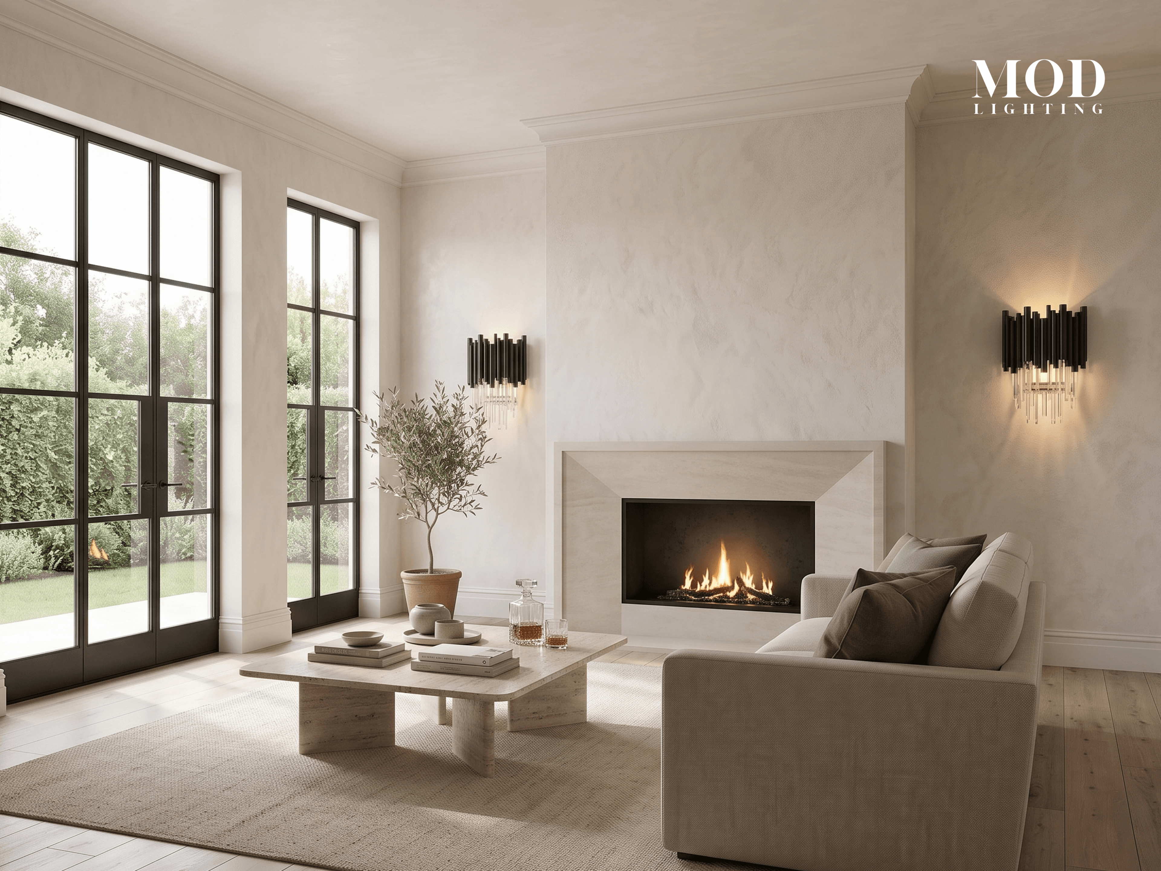 Onyx sconce, tiered clear crystal rods under a dark fluted cap, mounted above a bed in a neutral bedroom
