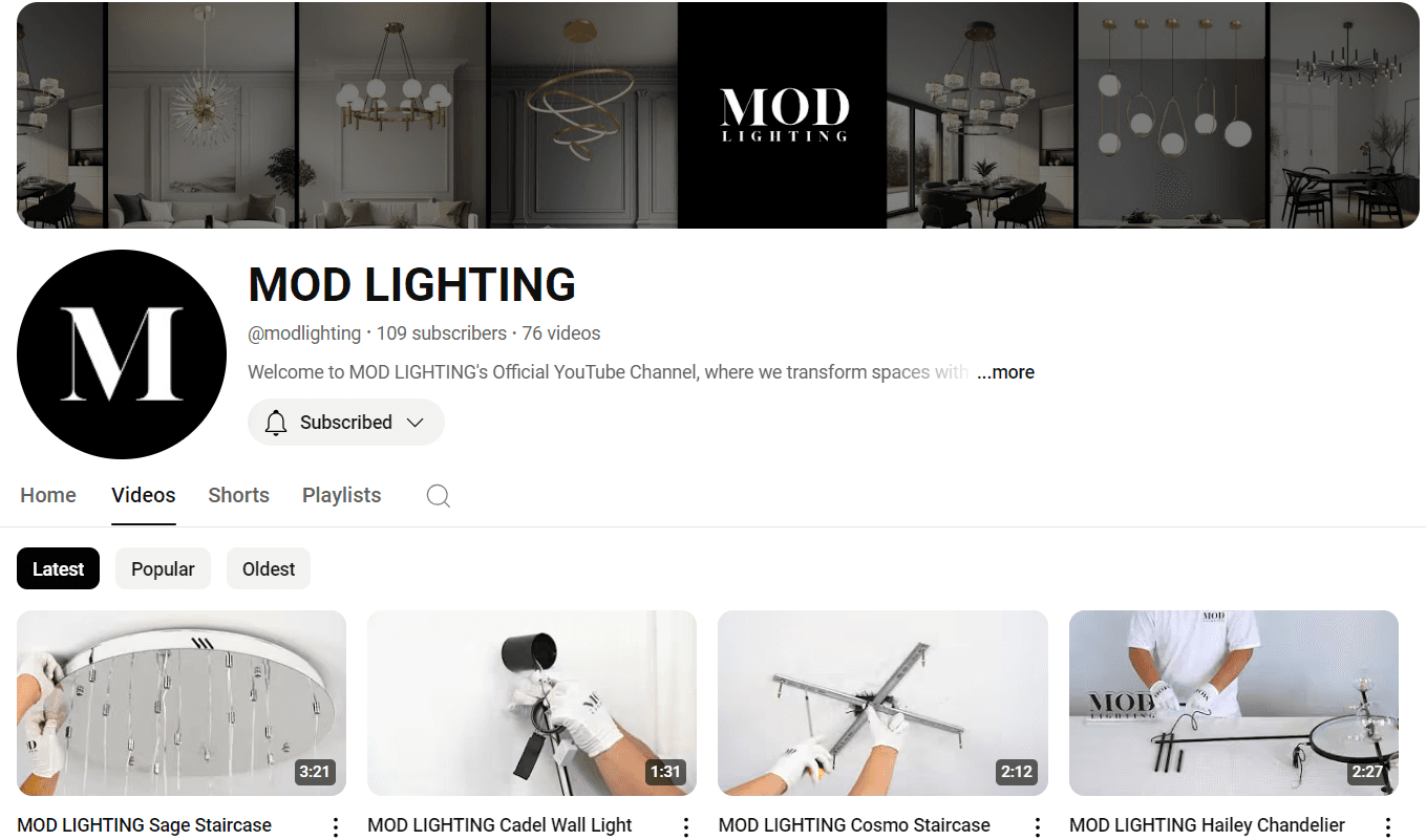 The MOD LIGHTING YouTube channel, with installation videos for the Sage staircase light, the Cadel wall light, the Cosmo staircase light and the Hailey chandelier