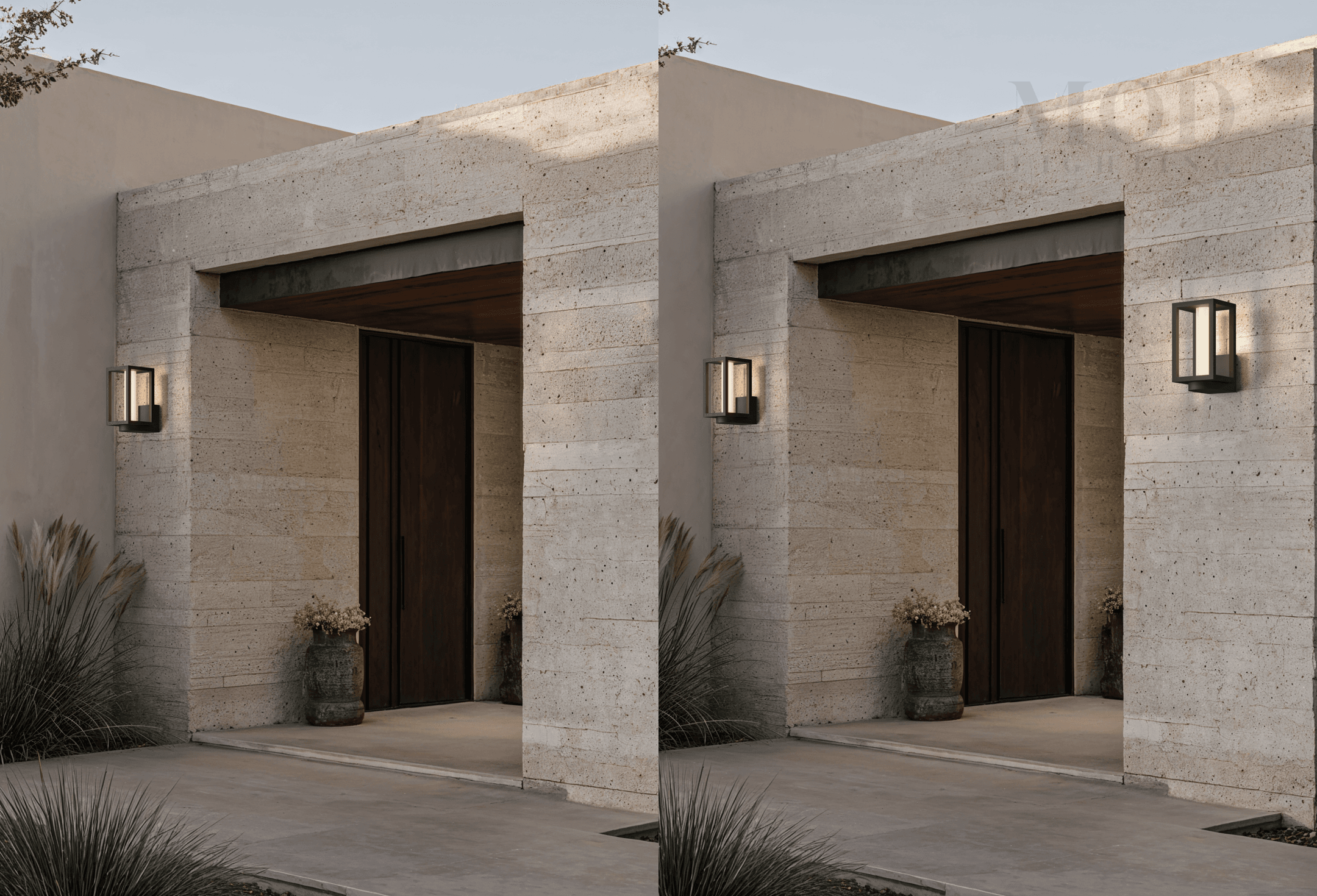 Front door with single wall light versus paired flanking sconces