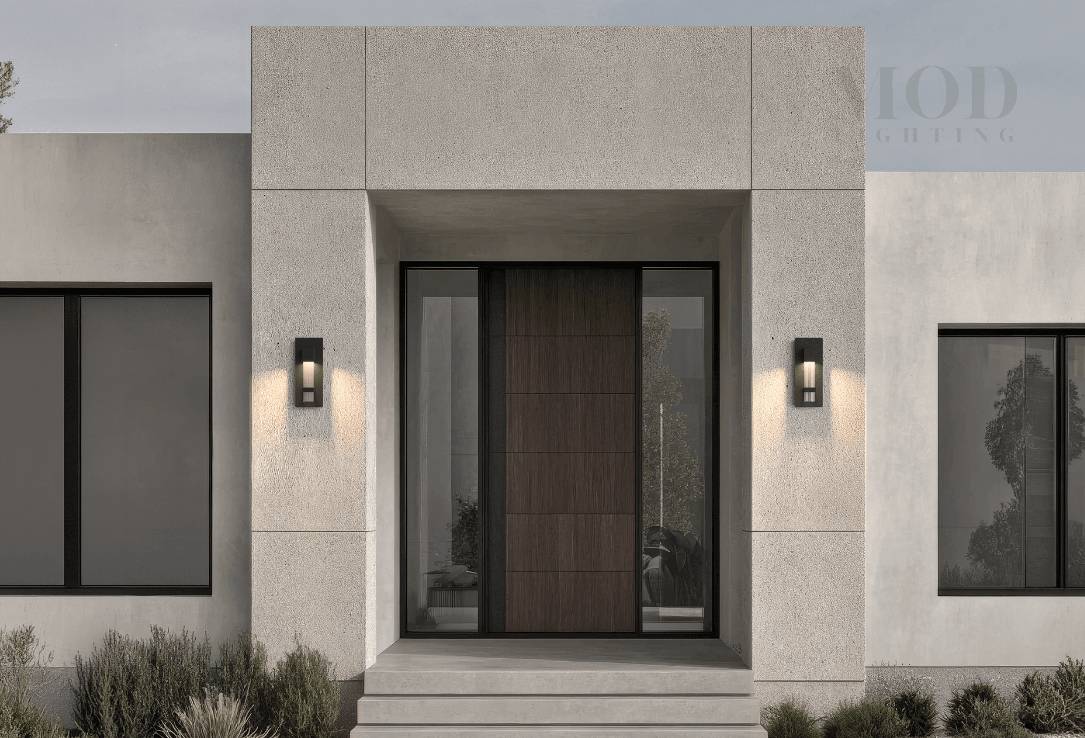 Symmetrical outdoor wall sconces flanking a modern front door at dusk
