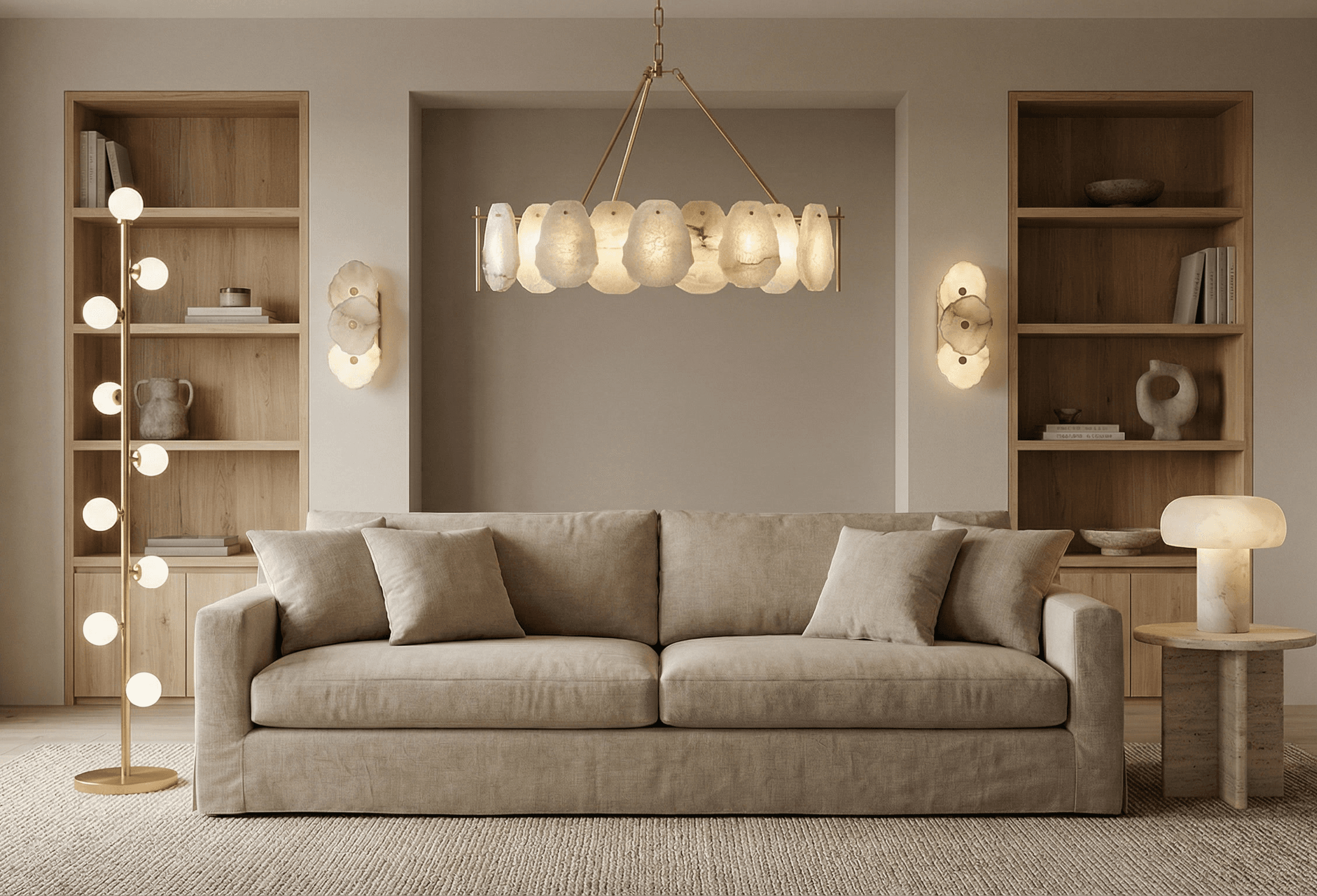 Living room lit in three layers: an Alba alabaster pendant overhead, Alba sconces on the wall, a Pearl floor lamp in the corner and an alabaster table lamp beside the sofa