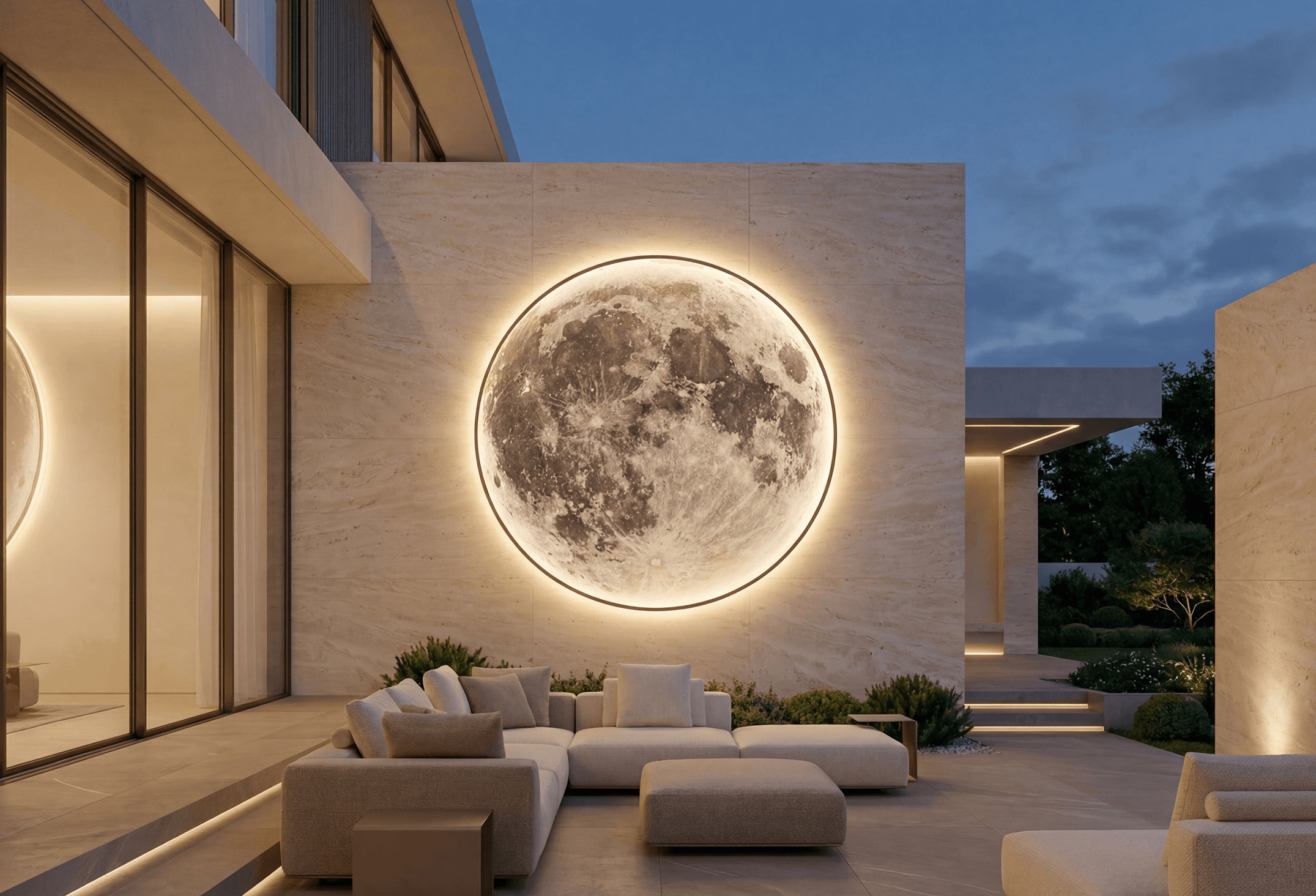 Luna Outdoor moon wall light glowing above a covered patio seating area at dusk