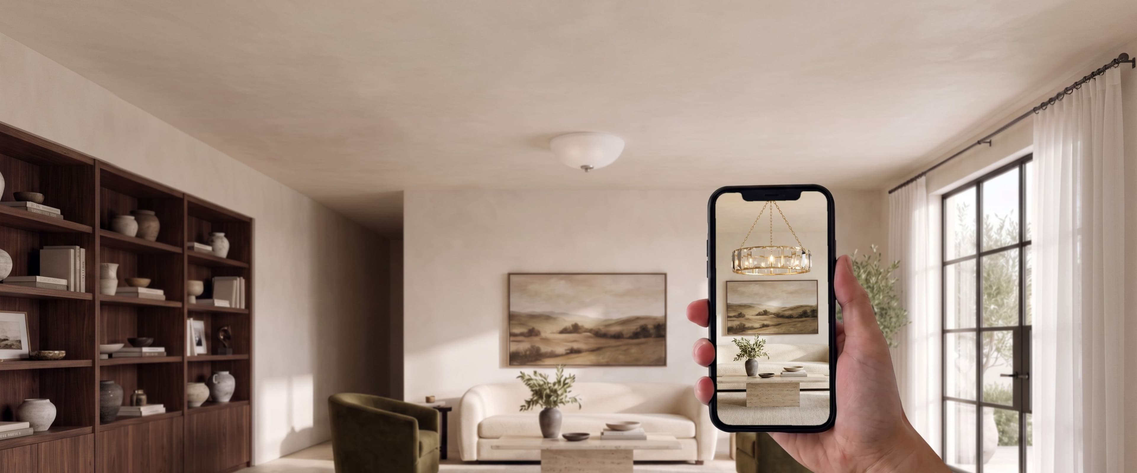 A phone showing a chandelier placed in a living room by the MOD LIGHTING visualizer