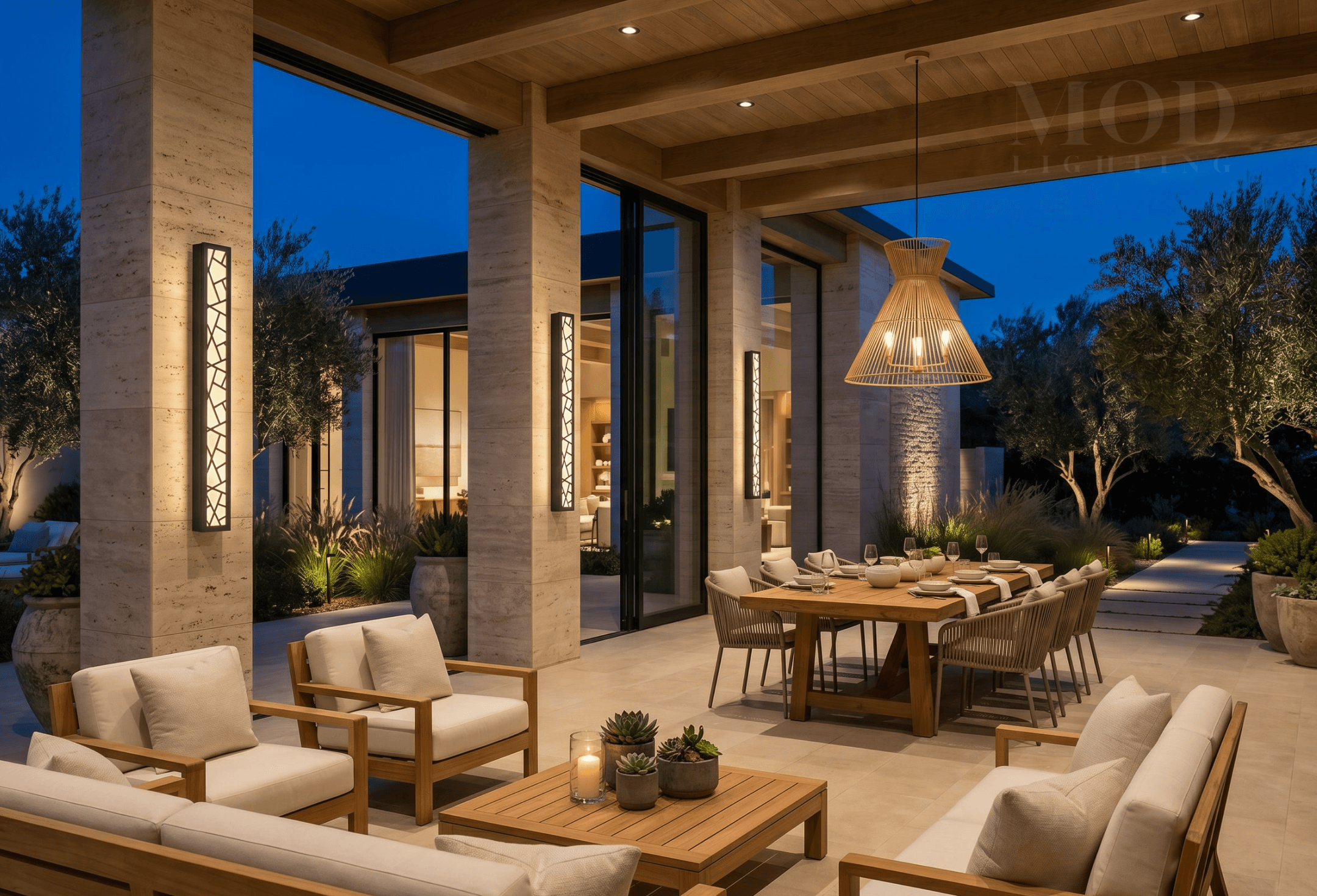 Modern patio with geometric outdoor wall sconces and linear LED