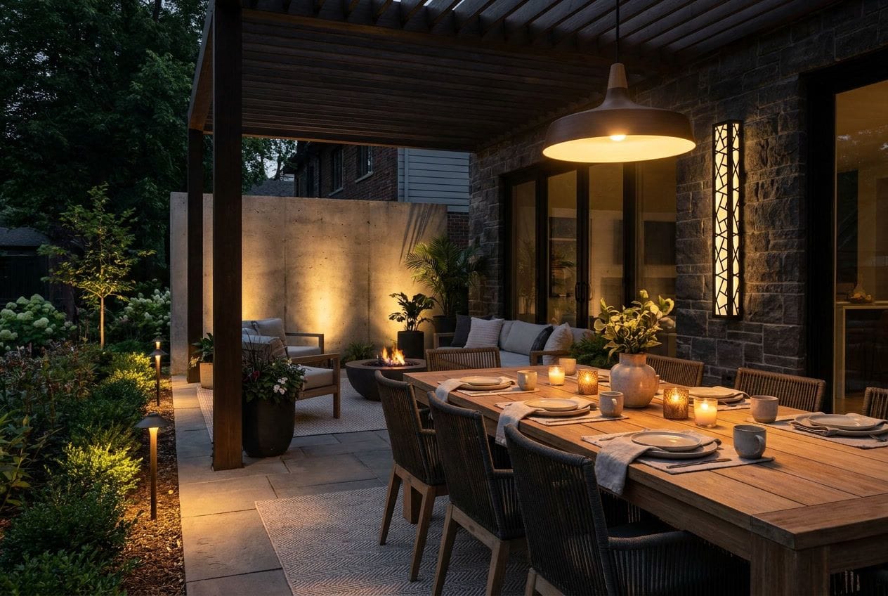 Layered patio lighting design with four sources at different heights
