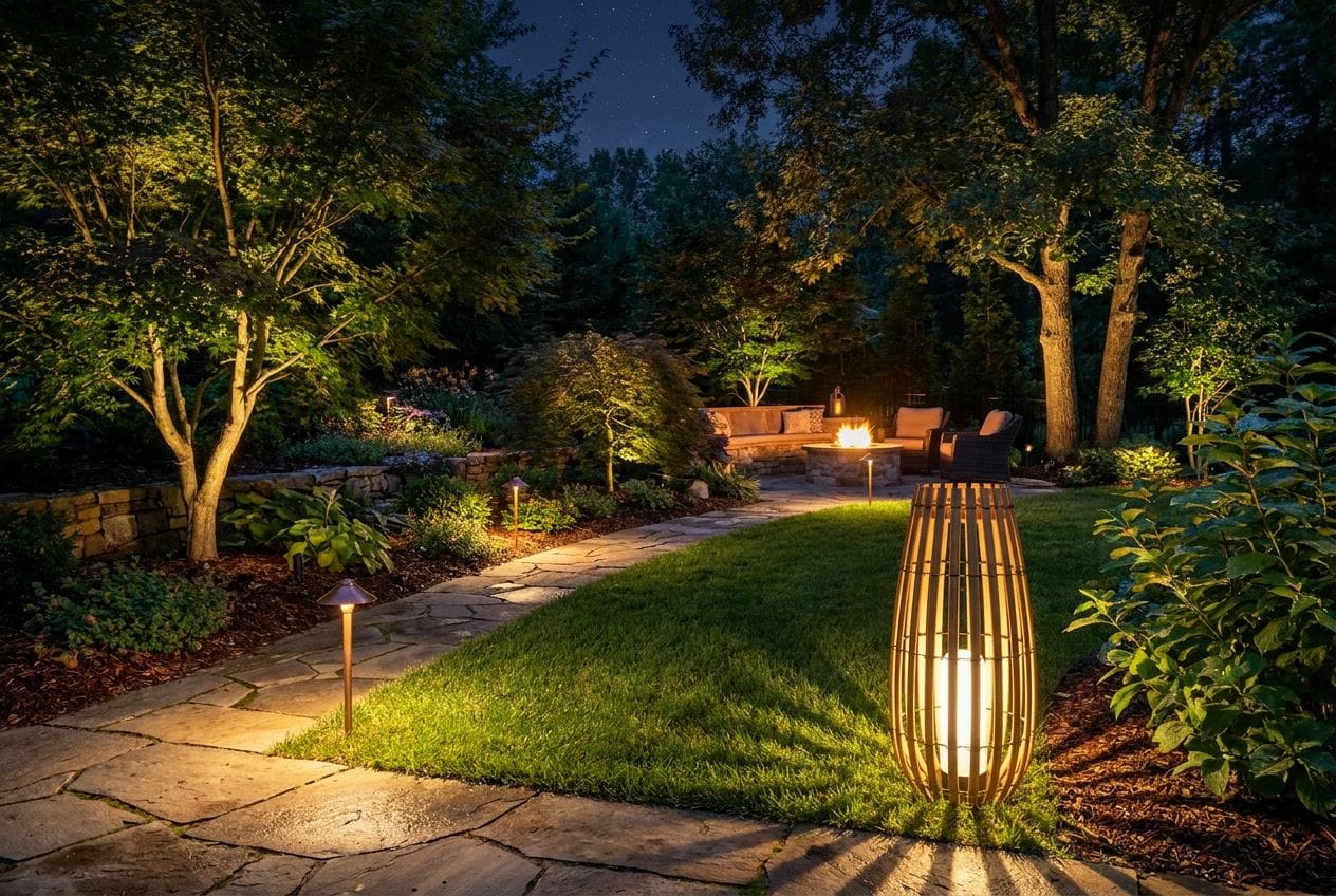Backyard lighting with path lights, tree uplights, and patio activity