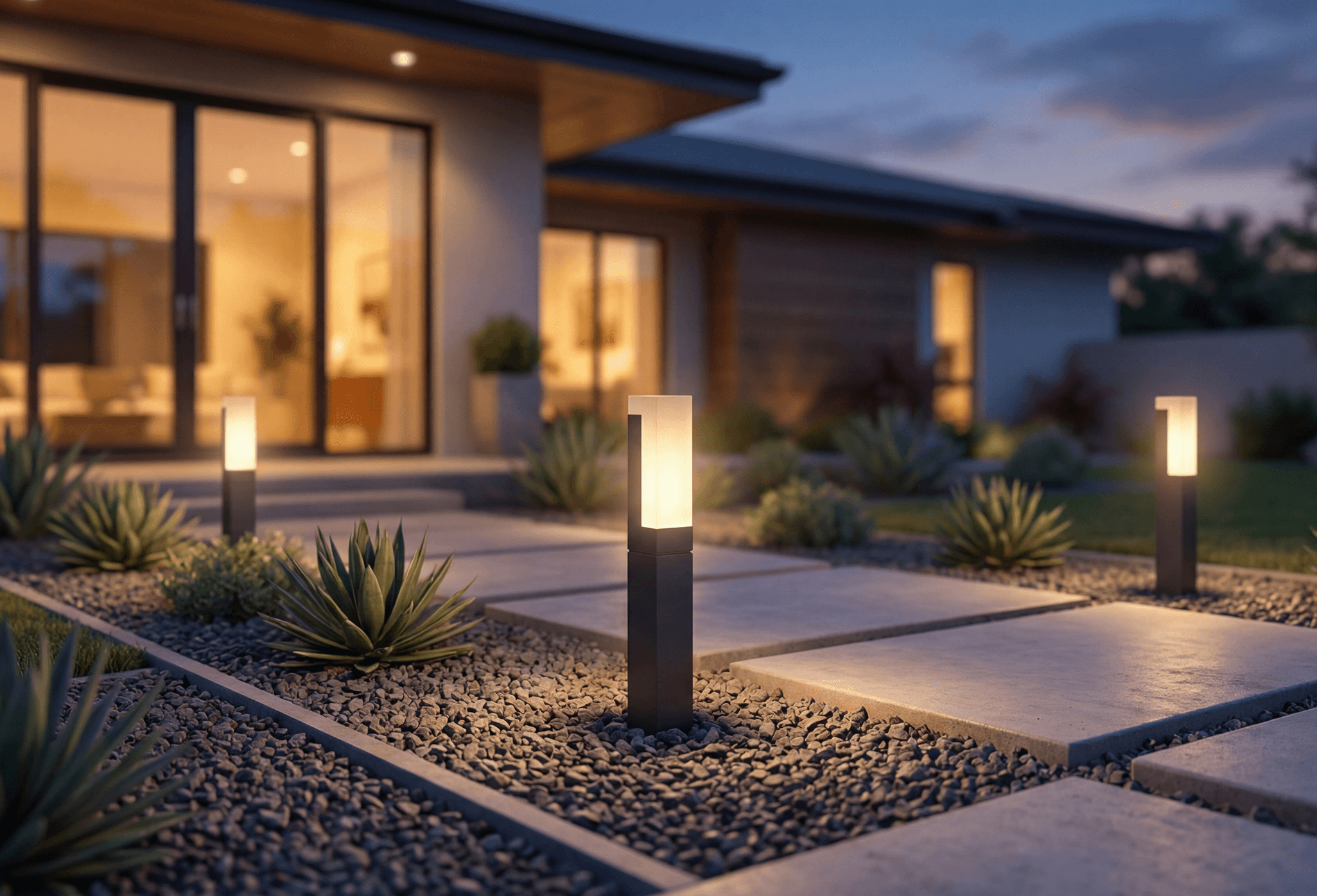 Modern home at dusk with Meadow path lights lighting the walkway to the front entry