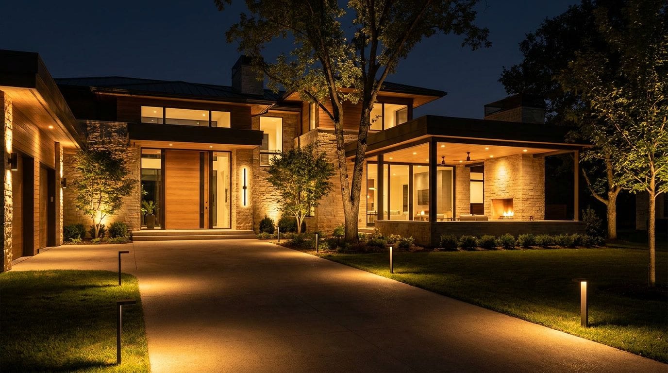 Complete layered outdoor lighting scheme on a modern home at night