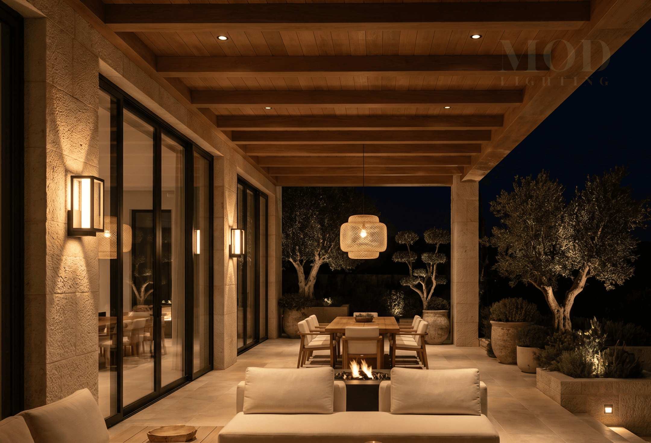 patio terrace at night with layered ambient lighting