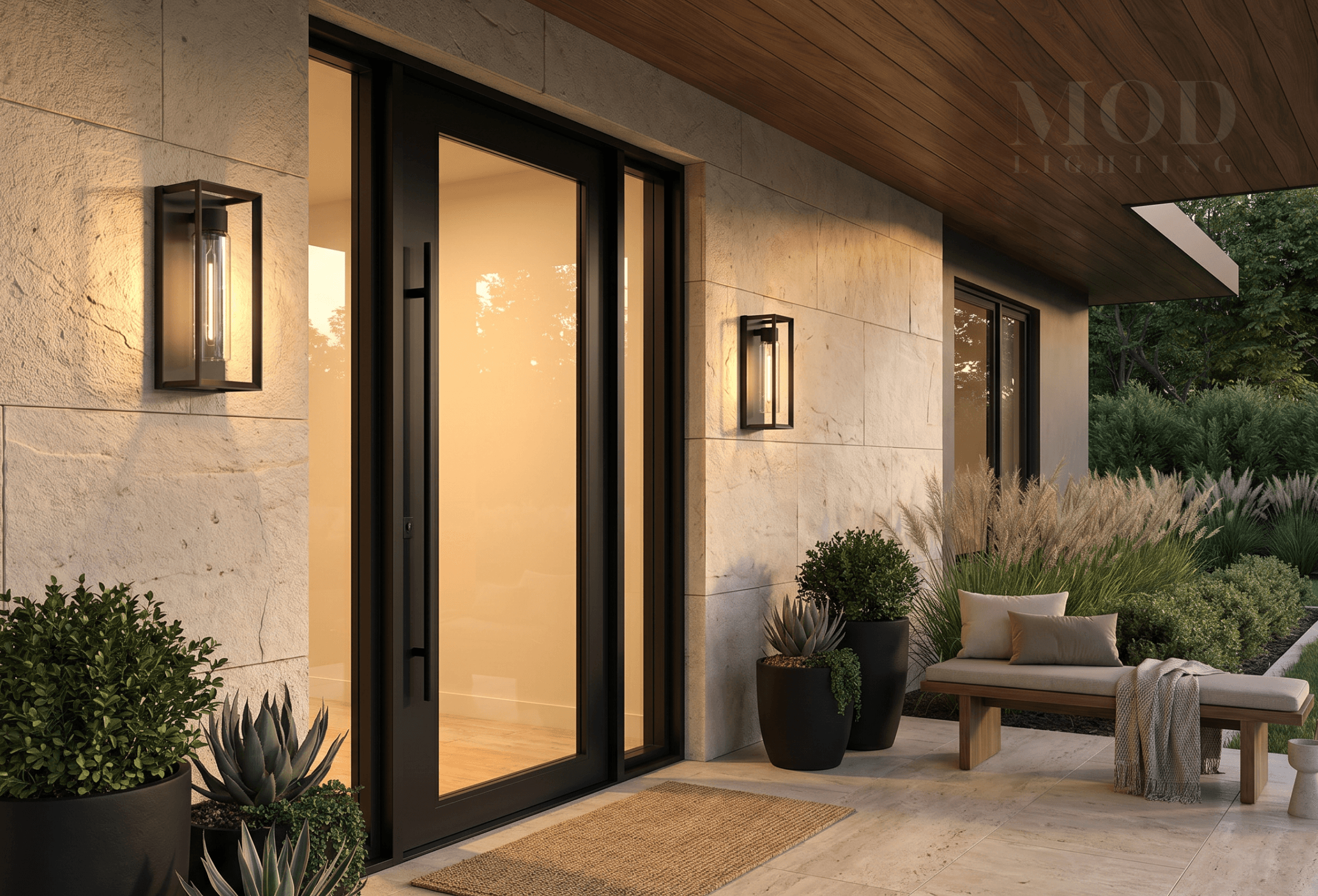 Warm welcoming front porch at evening with amber sconce lighting