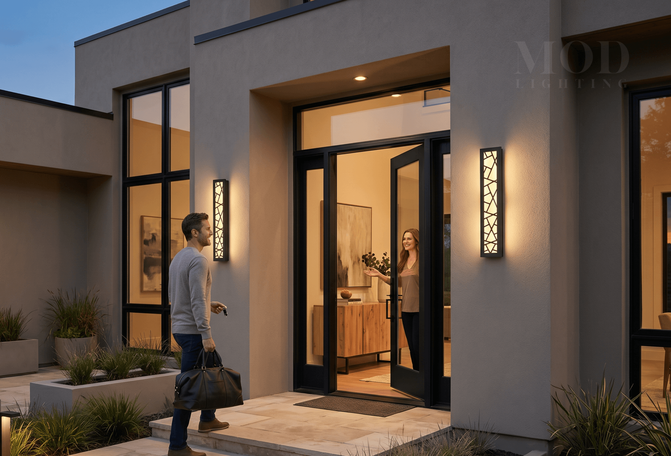 Person arriving home to a warm beautifully lit modern front porch