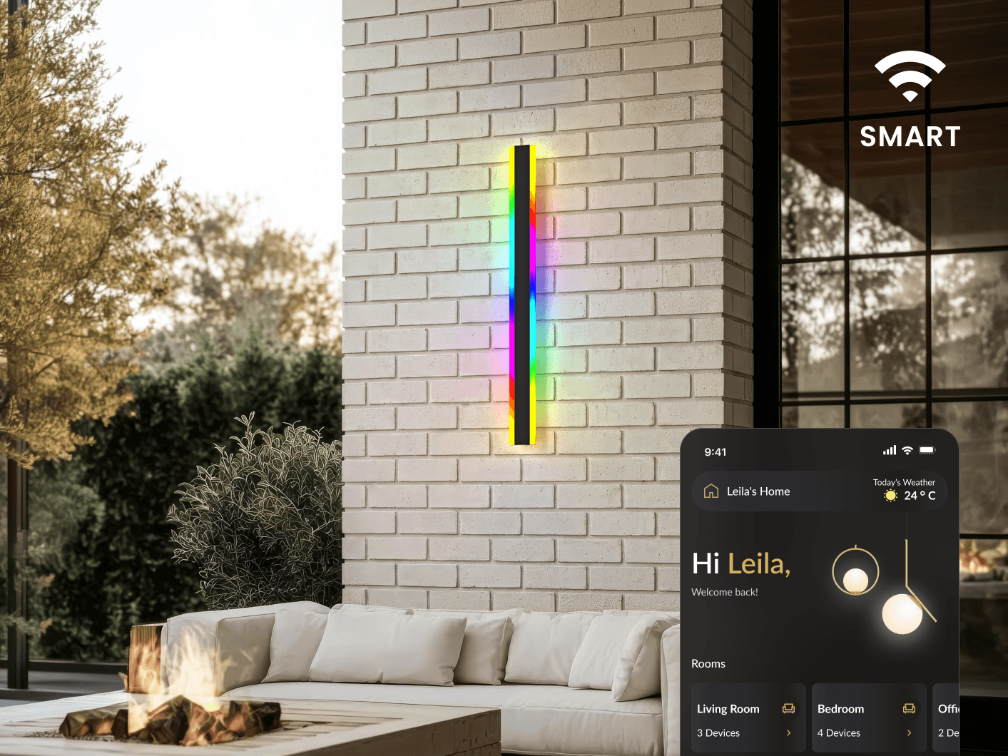 Haylen RGB smart LED bar wall light glowing rainbow on brick, with the MOD Smart Home app on a phone