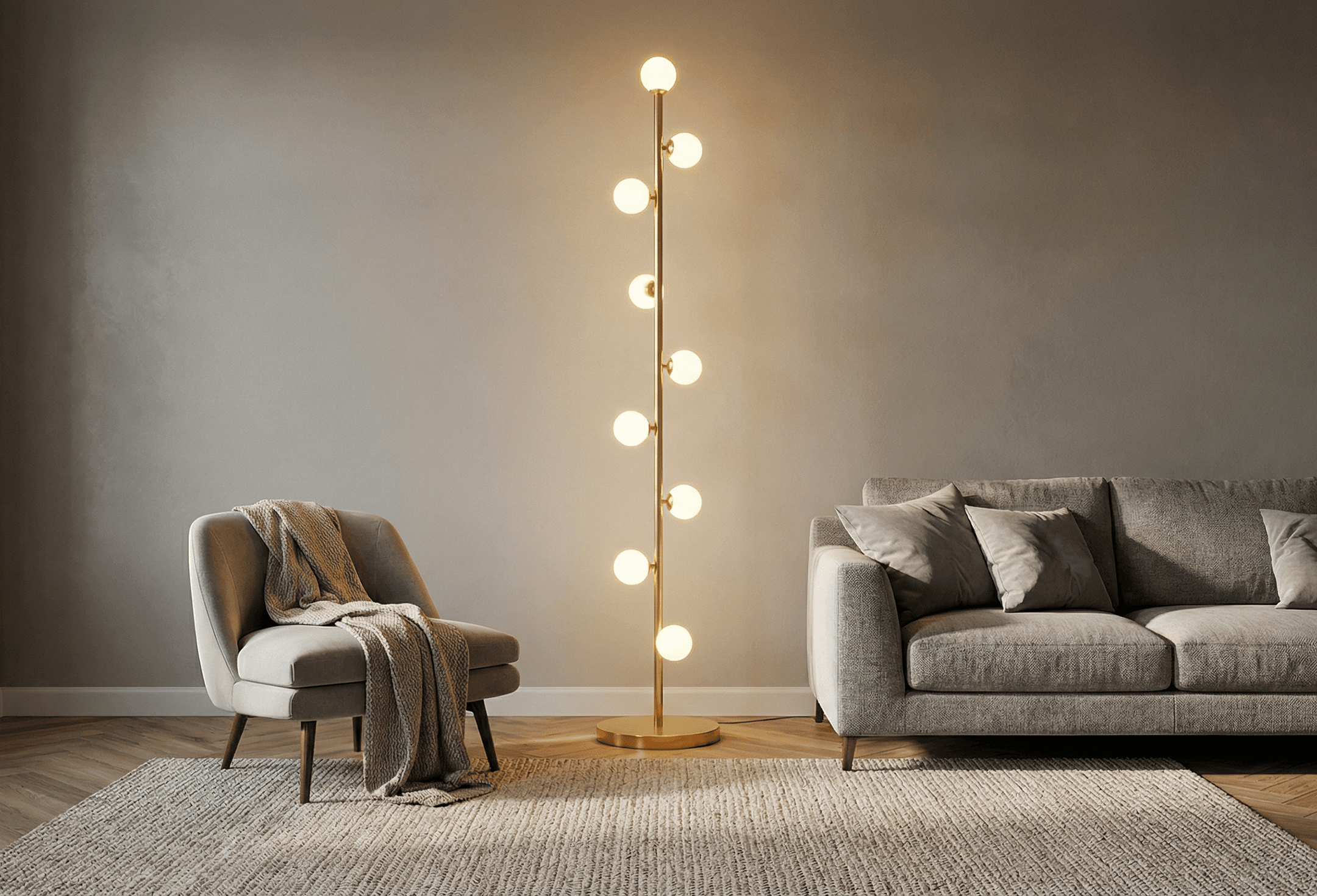 Pearl floor lamp with opal globes glowing beside a reading chair