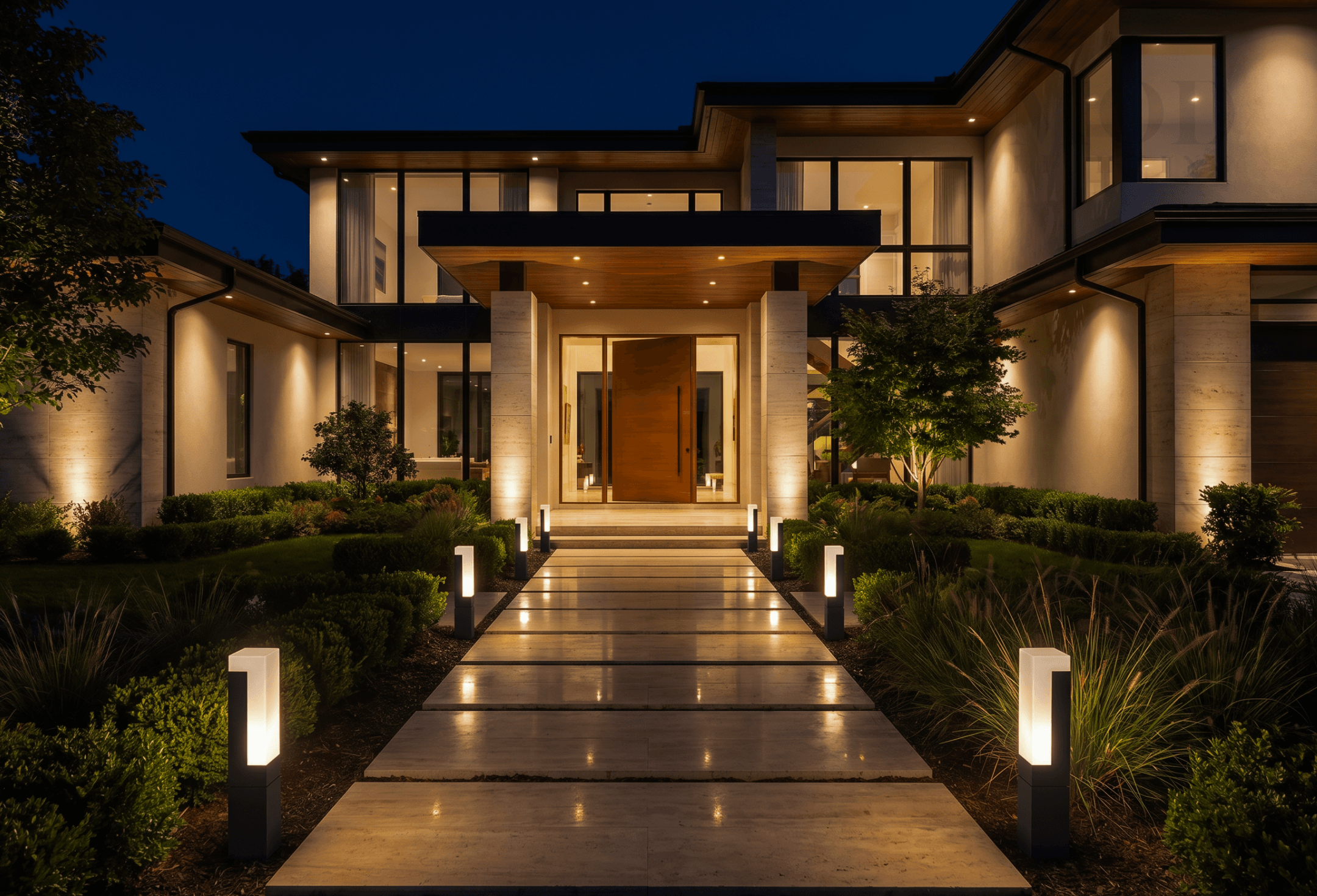 Luxury modern home exterior at night with warm lighting