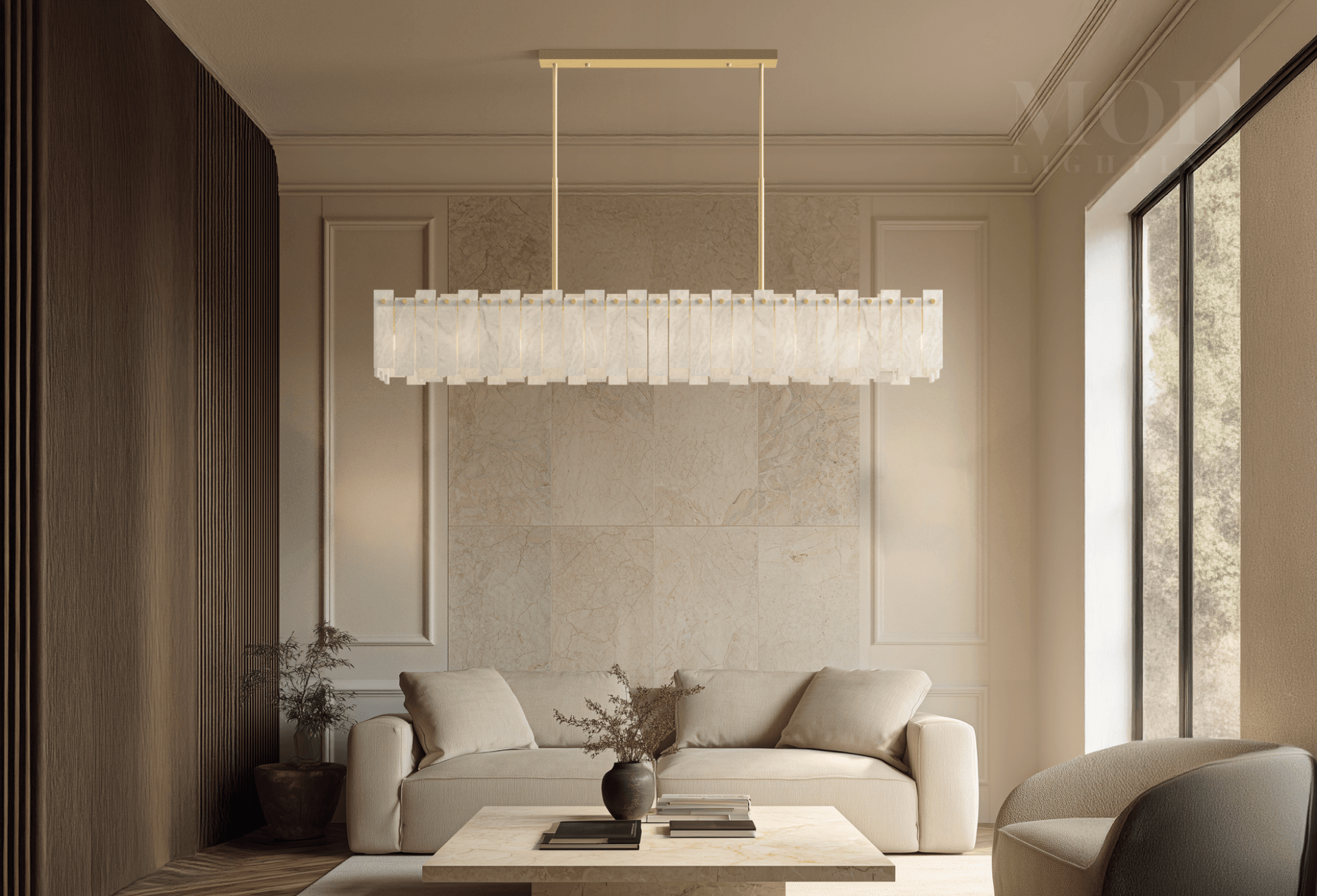 Warm white pendant lighting in a living room