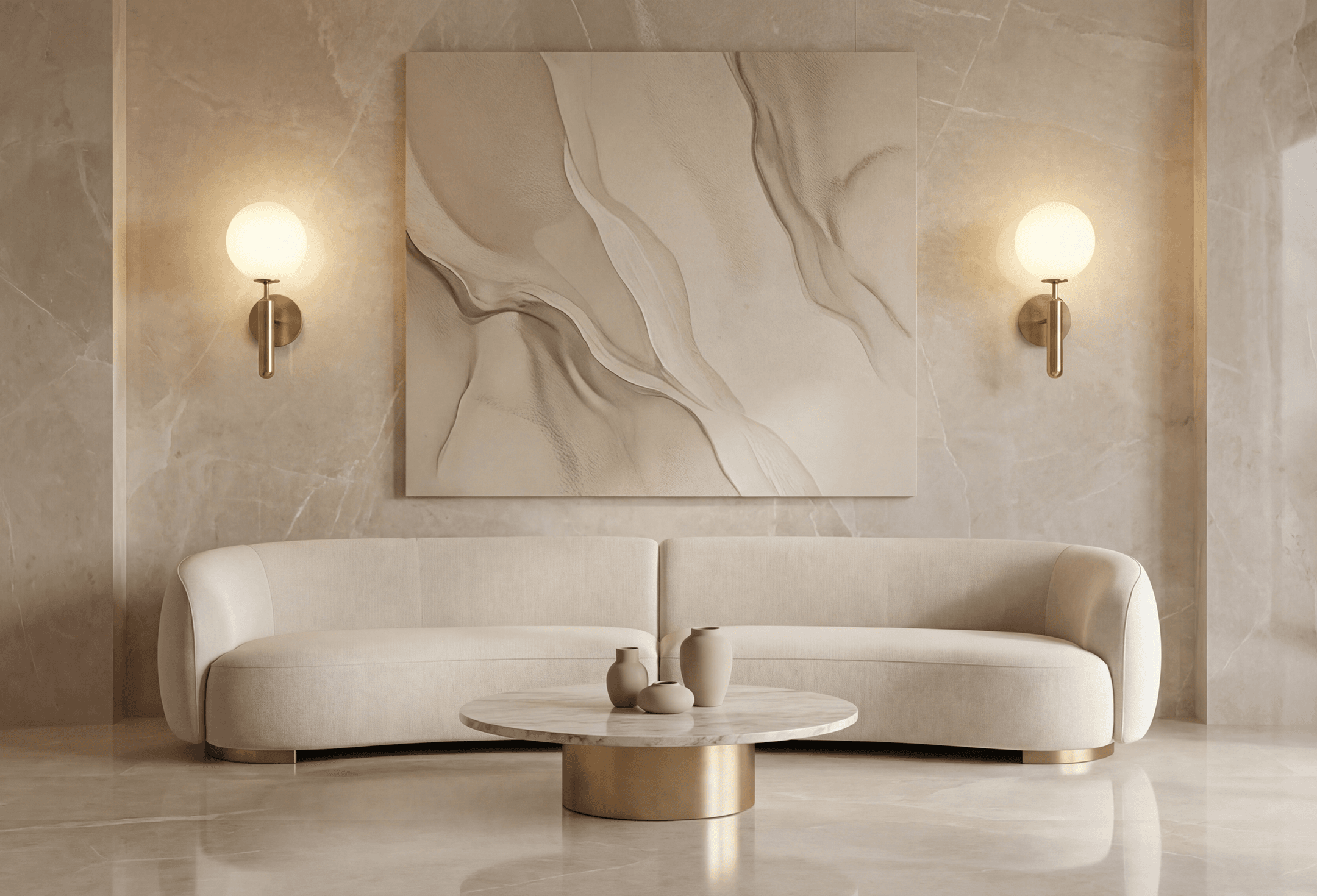 A pair of Angelica wall sconces flanking artwork above a living room sofa