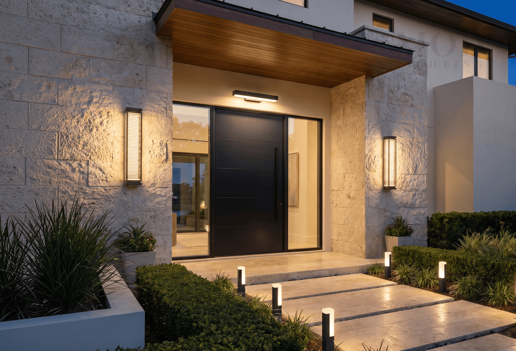 overhead light, sconces, and pathway lights