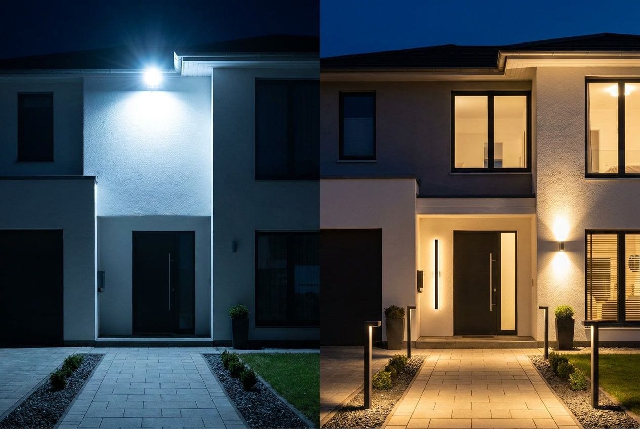 Single floodlight versus layered outdoor lighting scheme comparison