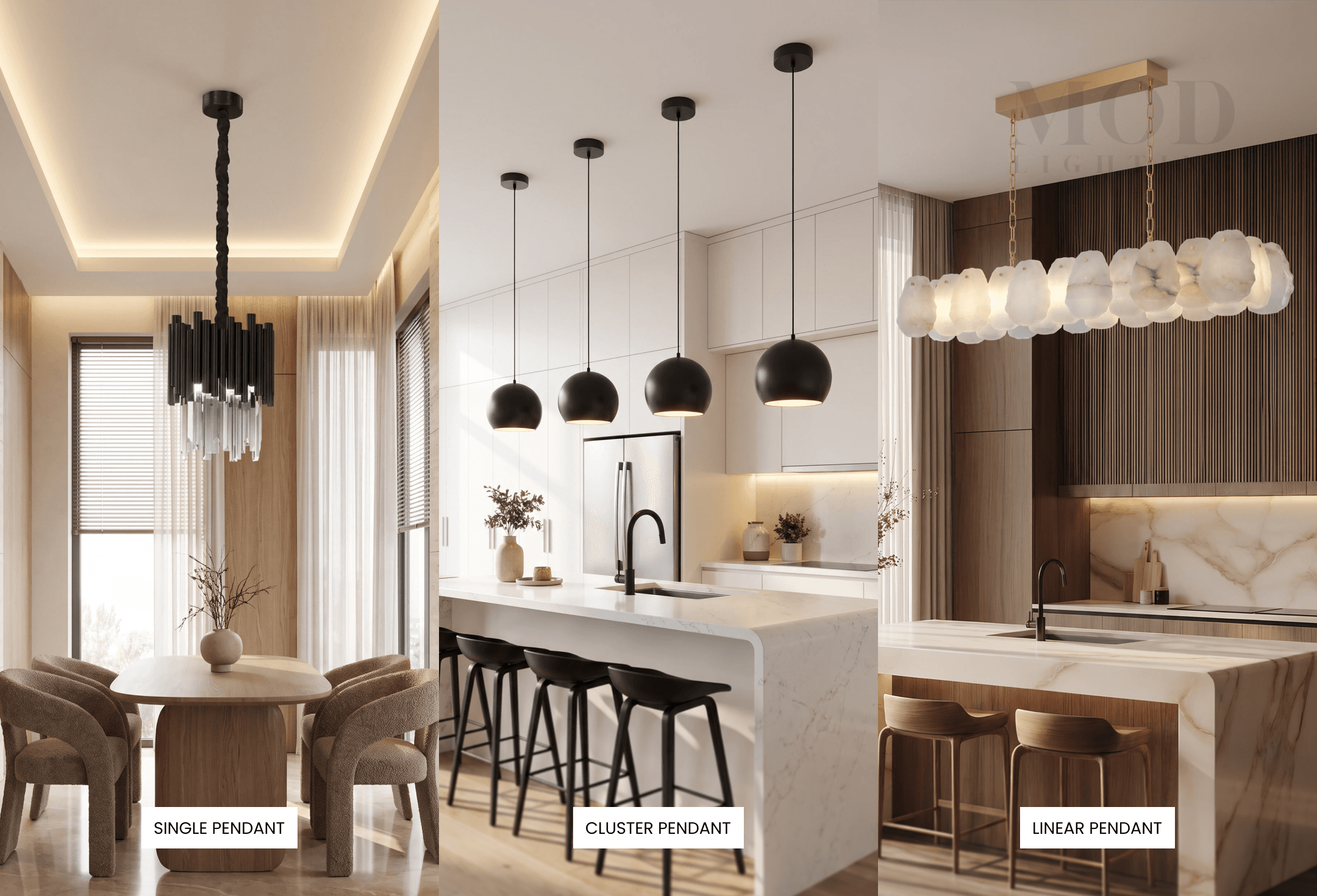 Comparison of pendant light types and shapes