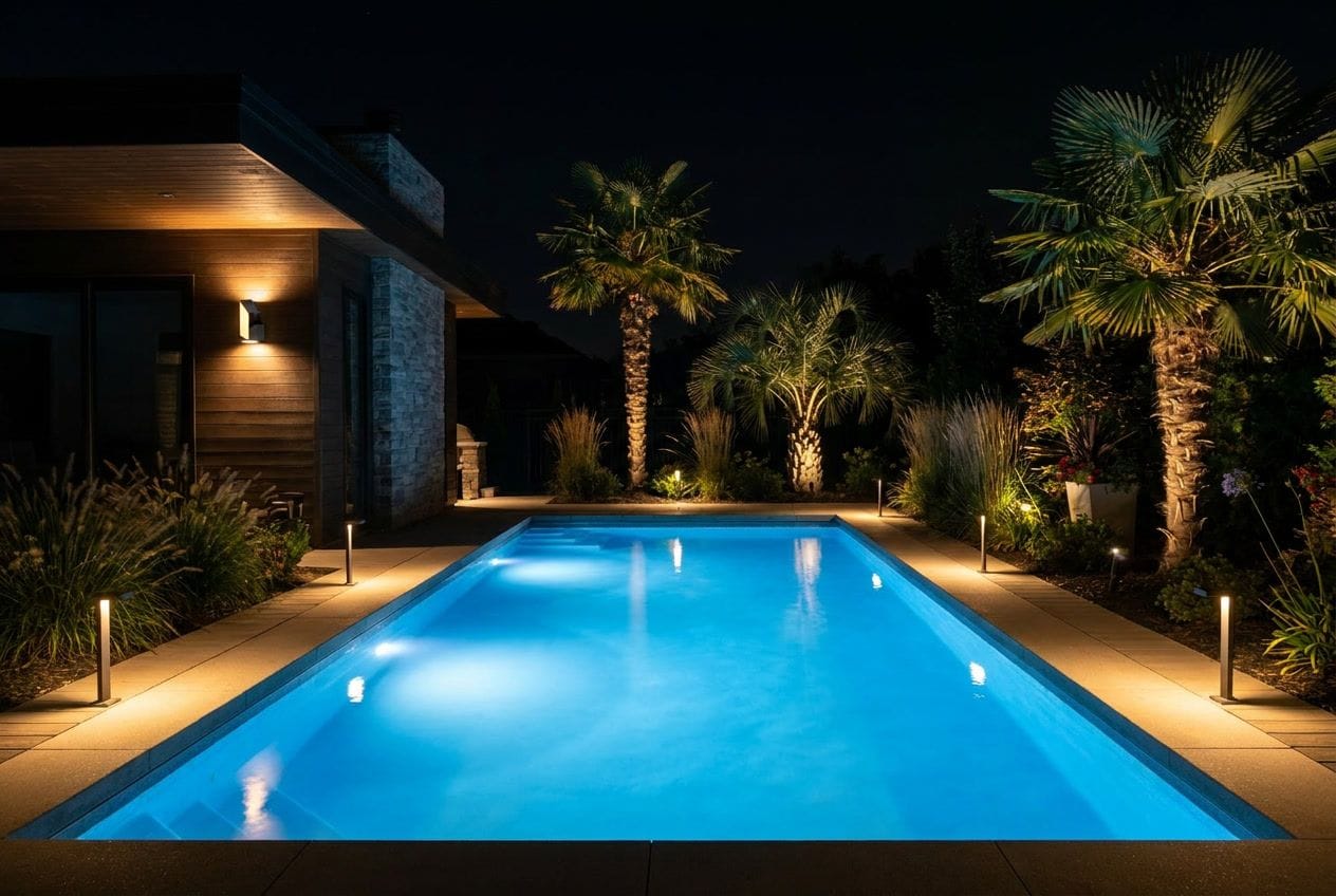 Layered pool area lighting with wall lights and perimeter accents