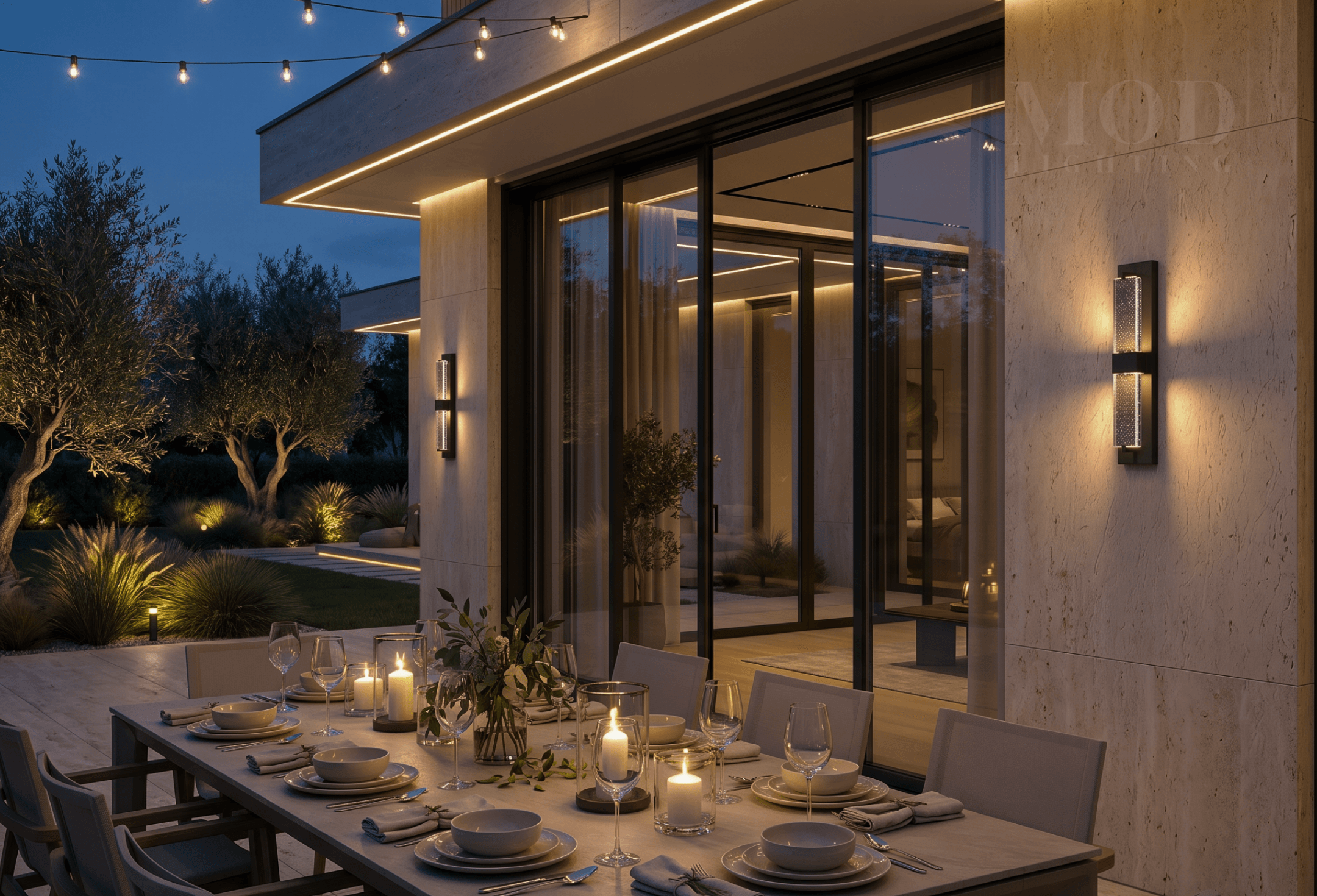 Minimalist modern patio at night with single architectural wall sconce