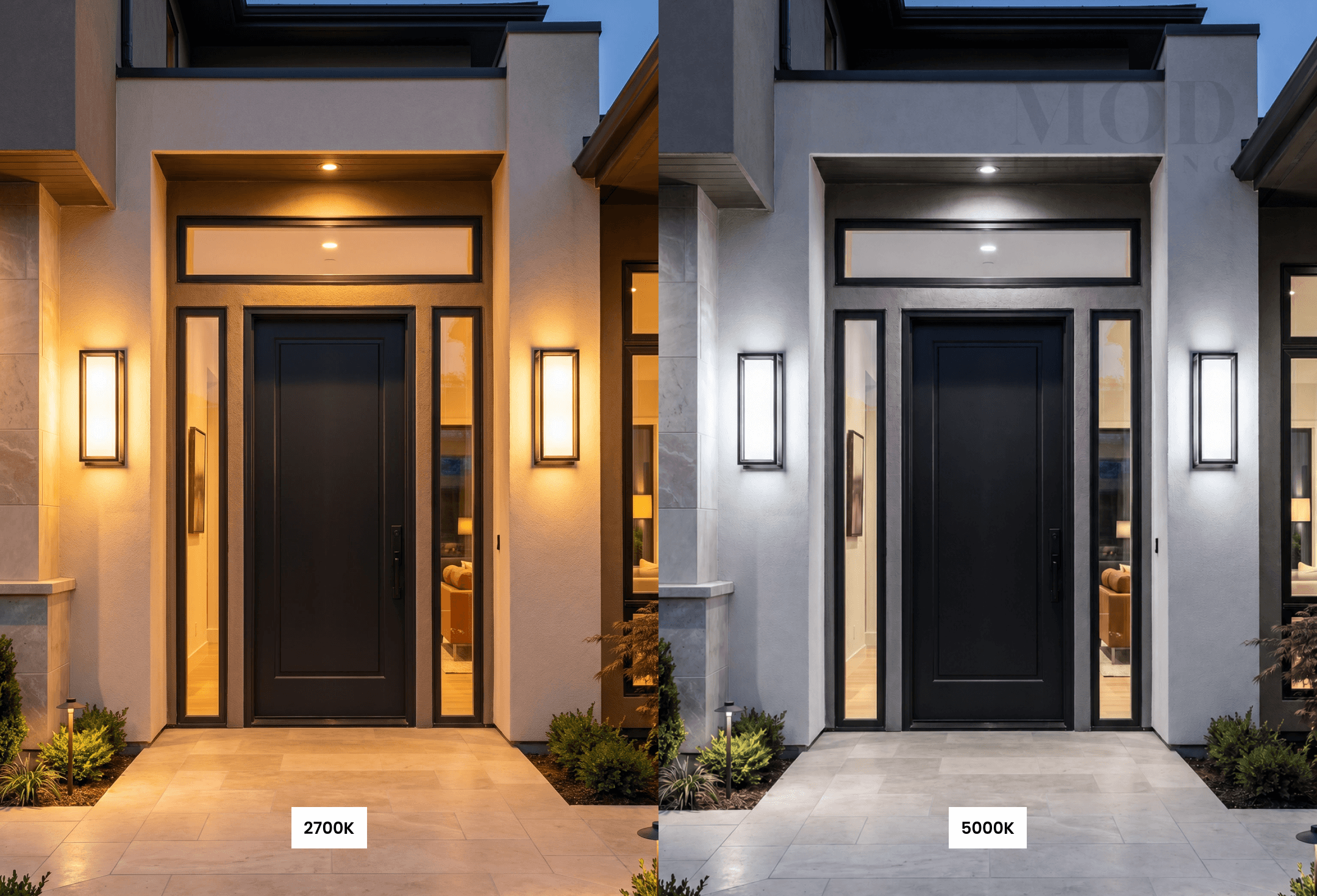 Front door comparison: warm 2700K versus cool 5000K light tone