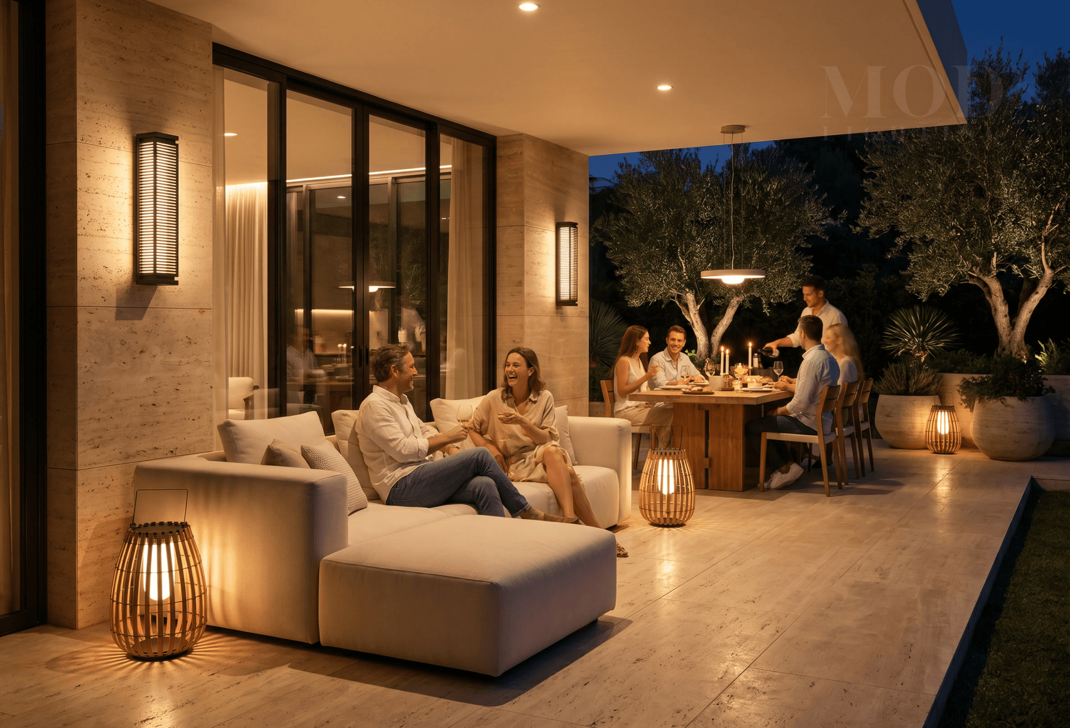 Luxury resort outdoor terrace at night with layered lighting