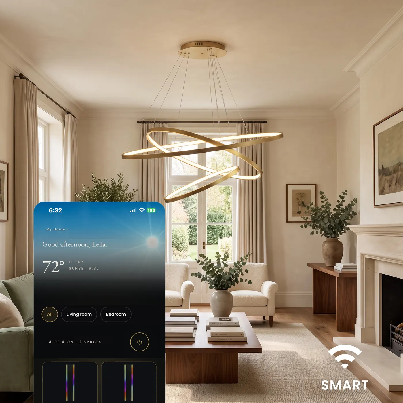 The MOD LIGHTING app open on a phone, a smart light glowing in the room