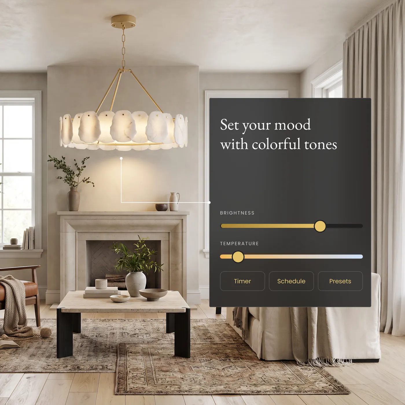 An Alba smart chandelier over a living room, the app's brightness and temperature sliders beside it
