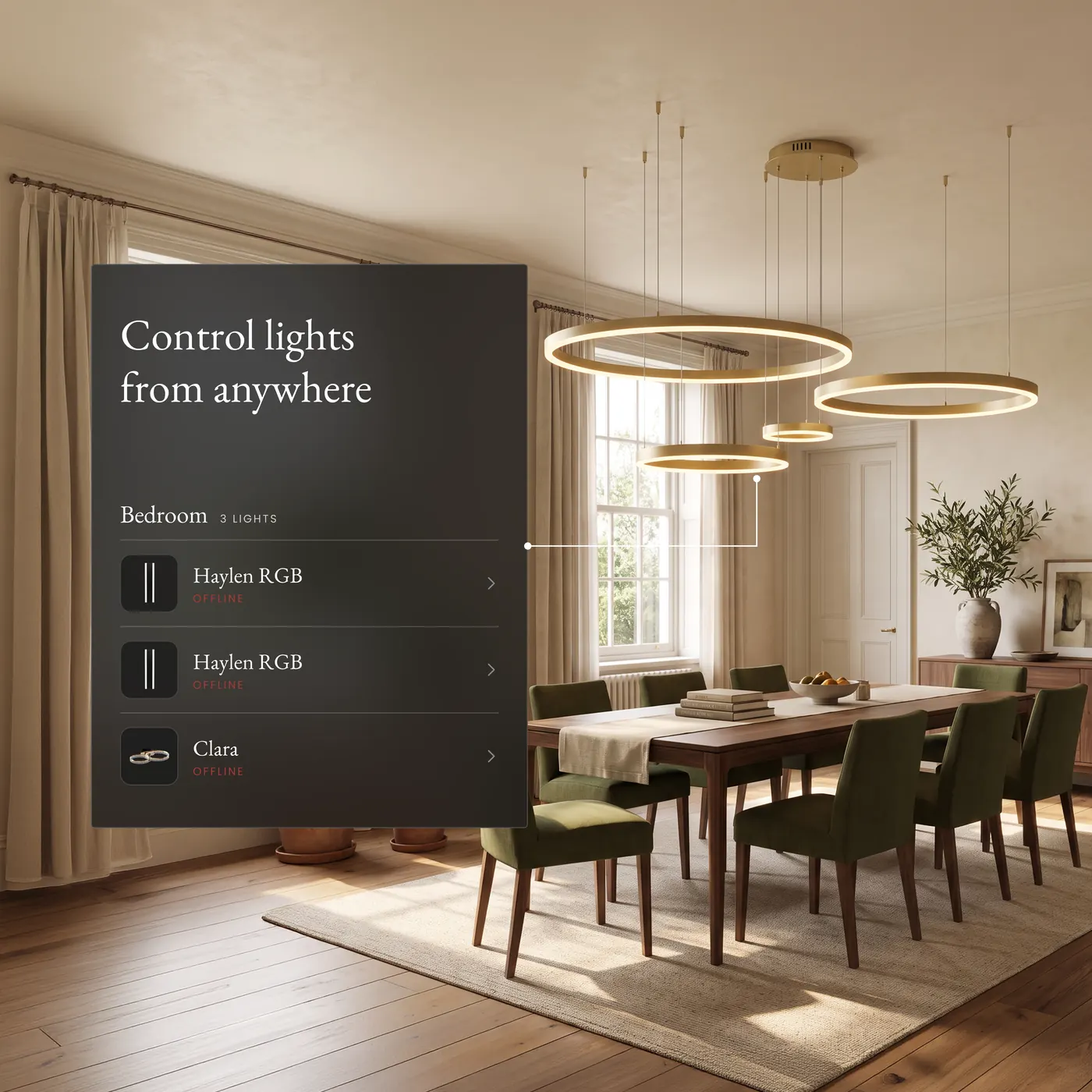 Charlotte smart ring pendants over a dining table, the app's lights list beside them