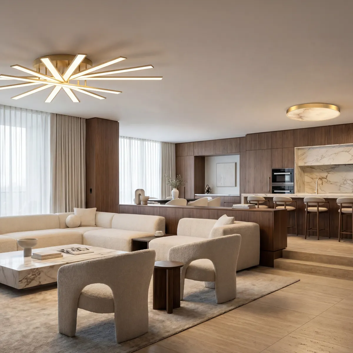 Sputnik flush mount in an open-plan living room and kitchen